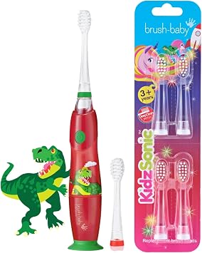 brush-baby - KidzSonic Dinosaur Kids Electric Toothbrush Bundle, Ages 3+ Years - DeepClean Bristles, Suction Base - Fun Design with Flashing Lights - Includes 4 Pack of Replacement Heads
