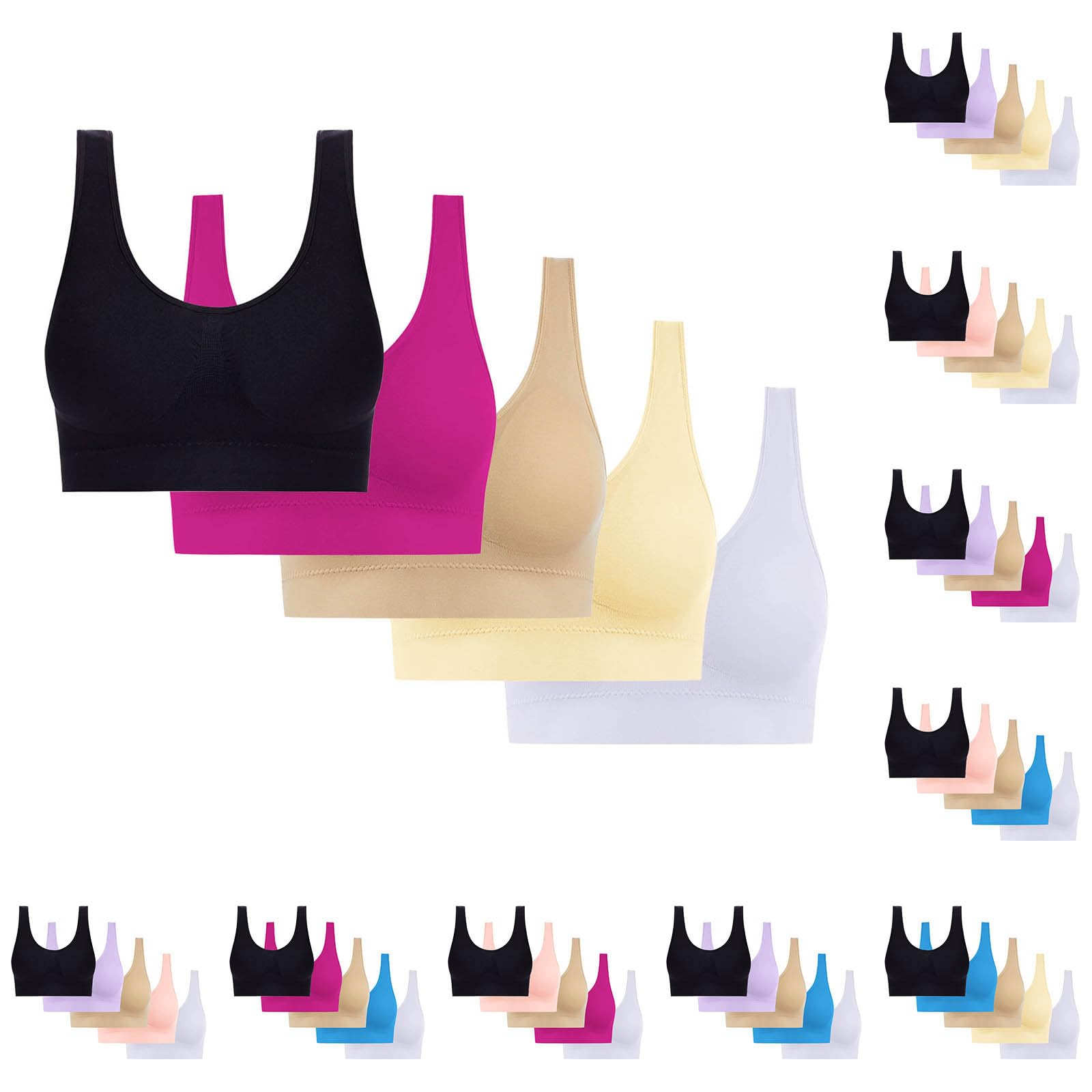5 Pieces Women's Sports Bra Ladies Yoga Bras Push up Bras for Large Breasts Solid Seamless Crop Tops Vest Full Coverage Non Wired Sleep Bra Comfy Lingerie Underwear with Removable Pads Shapewear