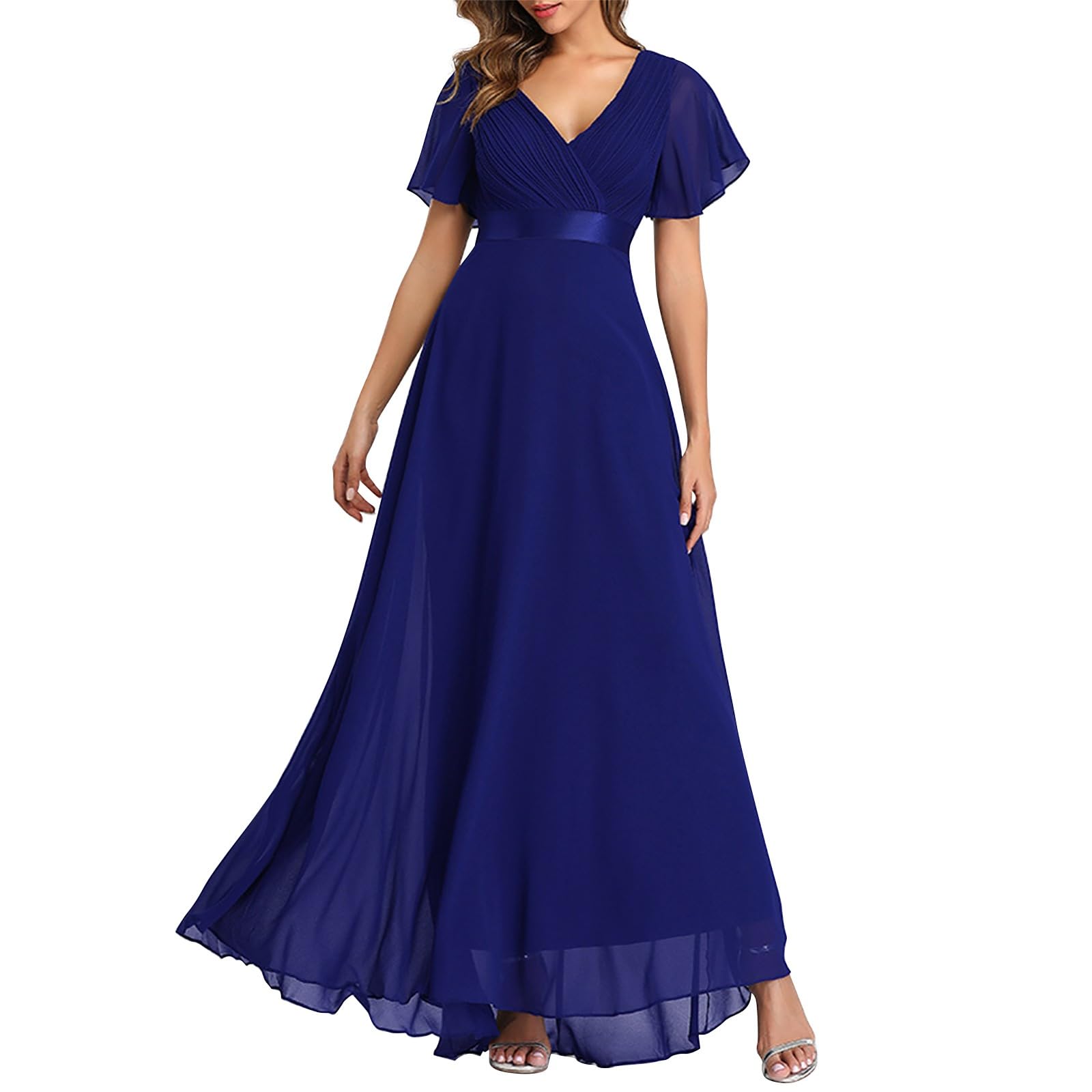 Brautjungfernkleid Lang A-Linien Kleid Hochzeitsgast Damen V Ausschnitt Abendkleid Damen Elegant Hohe Taille Cocktailkleid Damen für Hochzeit Abendkleider mit Ärmel Ballkleider Festliche