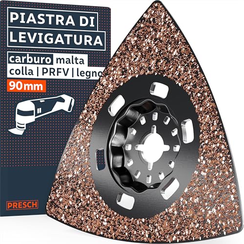 Presch Accessori Utensile Multifunzione Levigatura Piastra 90mm - Accessori Starlock per malta e colla - Forma a delta per angoli - Rivestimento in metallo carburo grana 20 - Cambio senza attrezzi