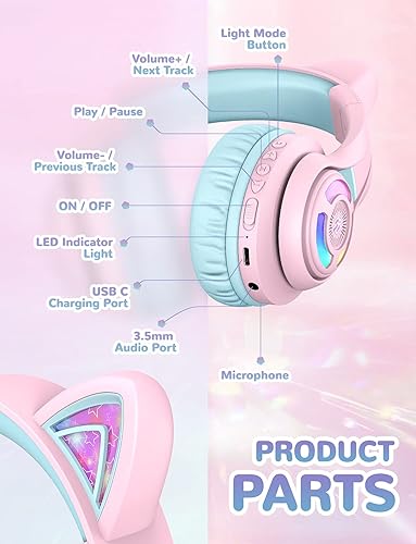 Miniatura 5 de iClever Cat Ear Kids Bluetooth Headphones, LED Lights Up, 74/85dBA Safe Volume Limited, 50H Playtime,Bluetooth 5.2, USB C, Kids Headphones Wireless