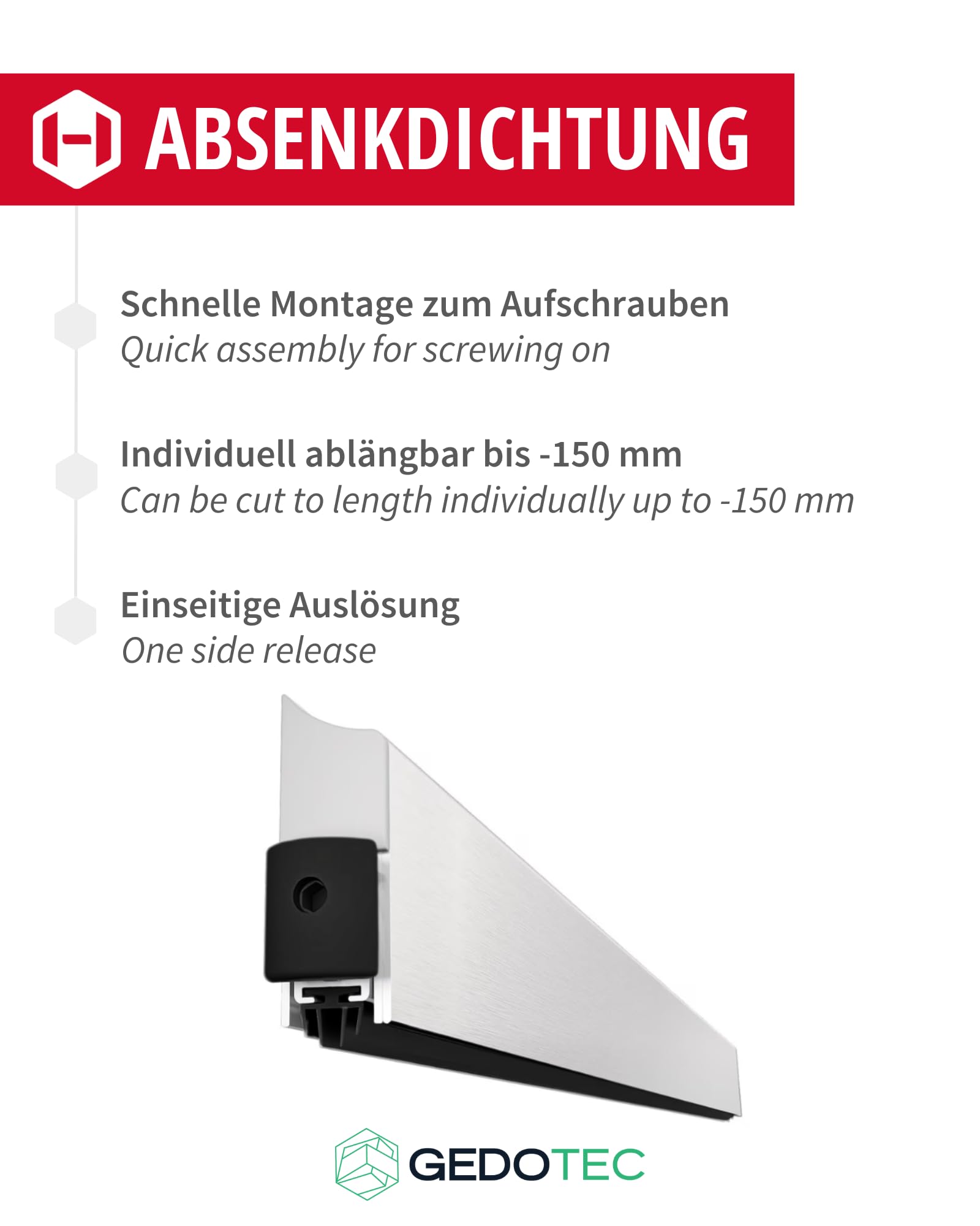 Gedotec Burlete automático bajo Puerta - Plata | 1 Pieza Junta automática 13 x 39 mm | Applique | Longitud 830 mm - Recortable | Junta retráctil para Puertas | Cortavientos