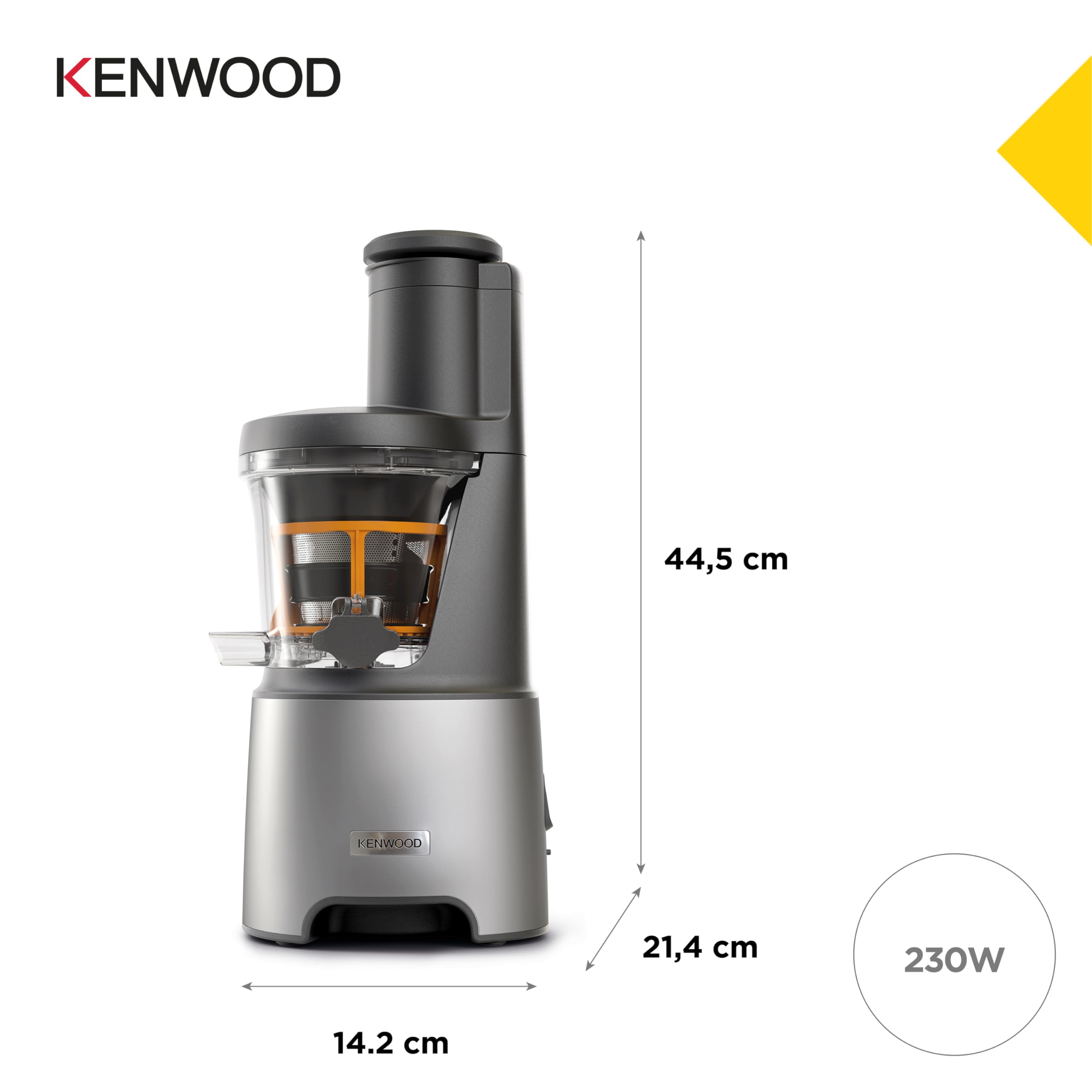 Kenwood PureJuice XL JMP85.​000SI, Estrattore Frutta e Verdura con Contenitore Polpa e Brocca per Succo, Tubo di Alimentazione XL, Tappo Antigoccia, Potenza 230W, Argento
