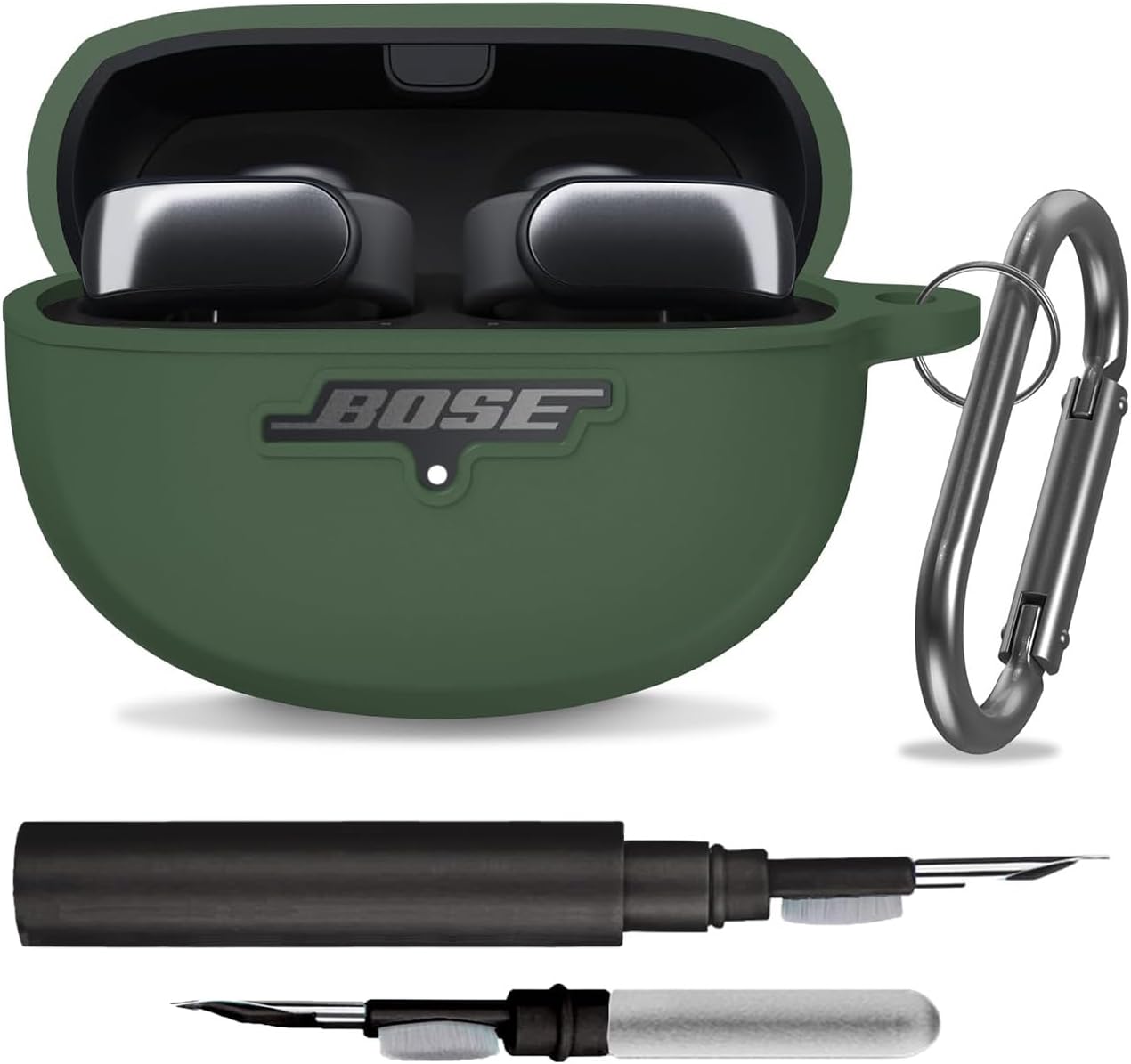 Silicone Case Cover for New Bose Ultra Open Earbuds, Shockproof Protective Skin Case with 3-in-1 Cleaner Kit & Carabiner (Dark Green, LED & Logo Visible)