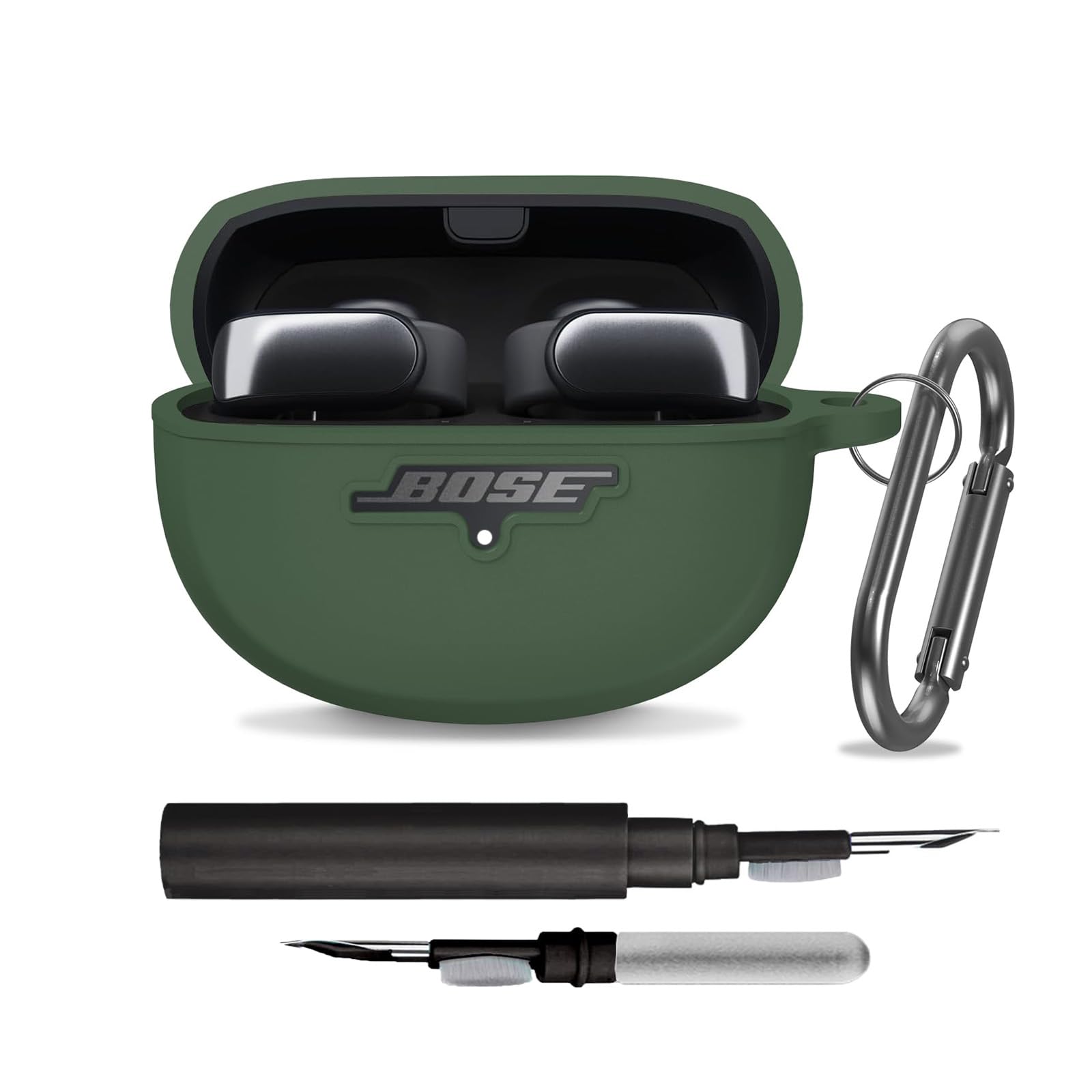 BAOKZZOM Silicone Case Cover for New Bose Ultra Open Earbuds, Shockproof Protective Skin Case with 3-in-1 Cleaner Kit & Carabiner (Dark Green, LED & Logo Visible)