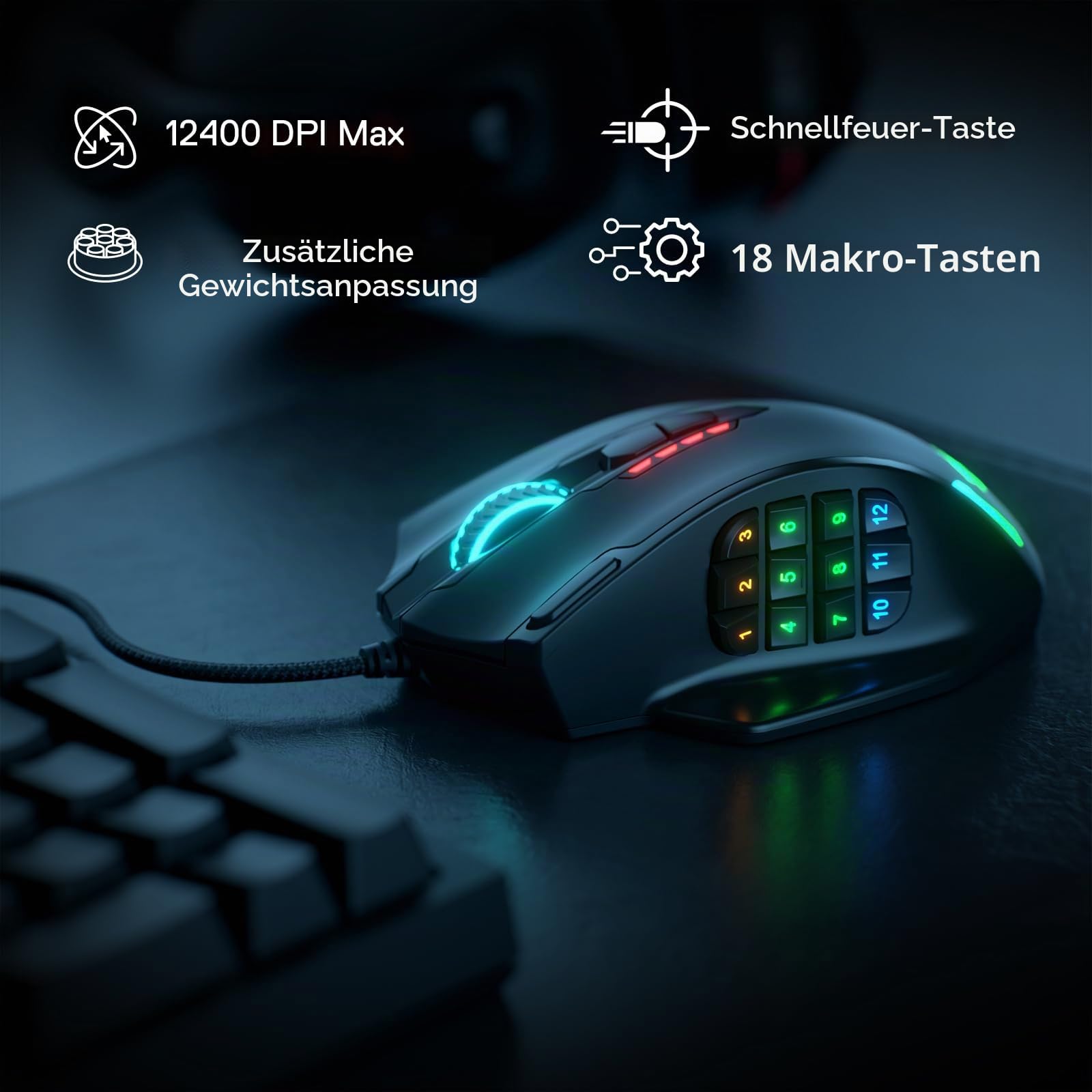Redragon M908 Impact RGB LED MMO Maus mit Seitentasten, optische kabelgebundene Gaming-Maus mit 12.400DPI, hohe Präzision, 20 programmierbare Maustasten