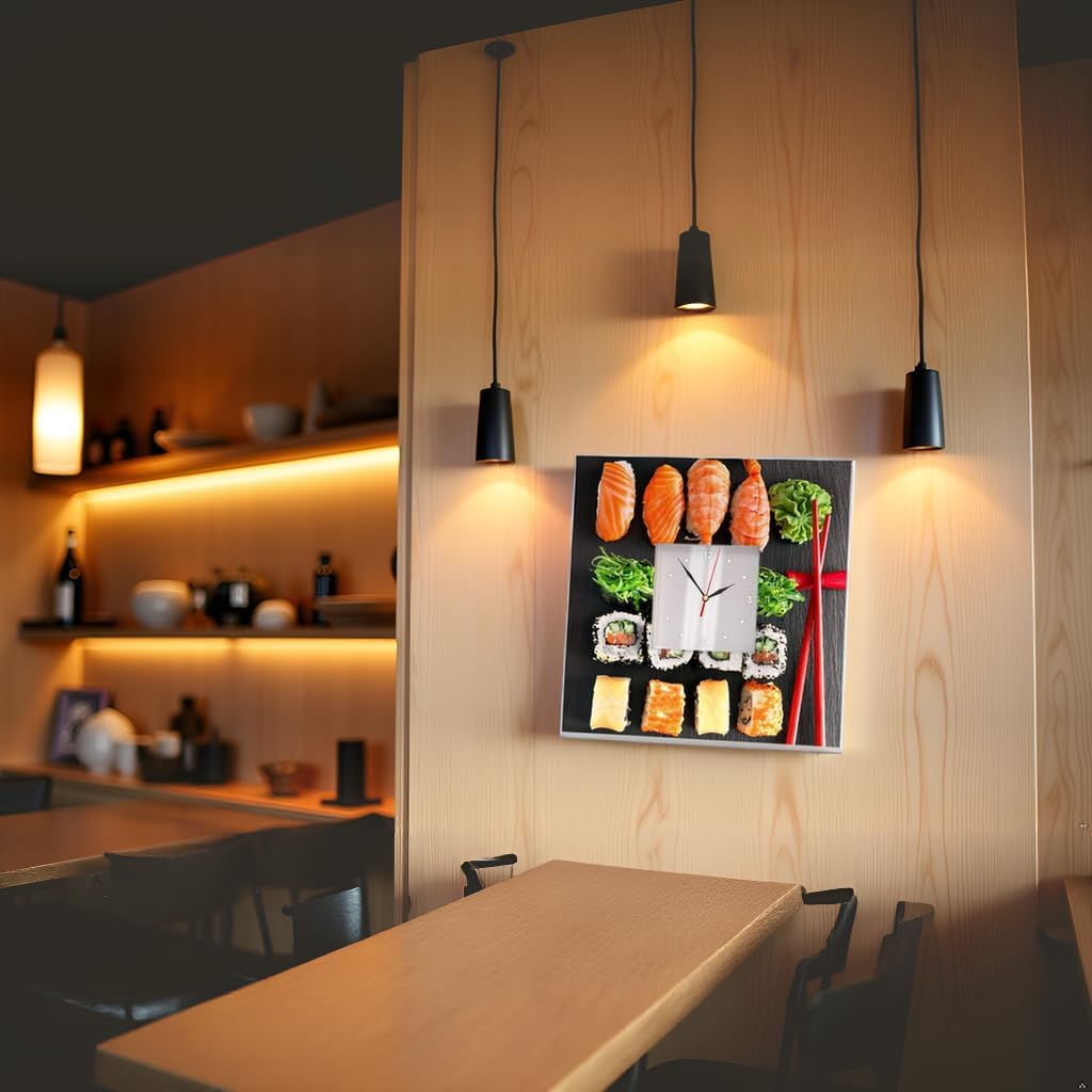 Sushi Wall Clock - Japanese Sashimi Roll Decor, White Square Framed - Kitchen & Bar Interior Design, Unique Gift for Sushi Lovers