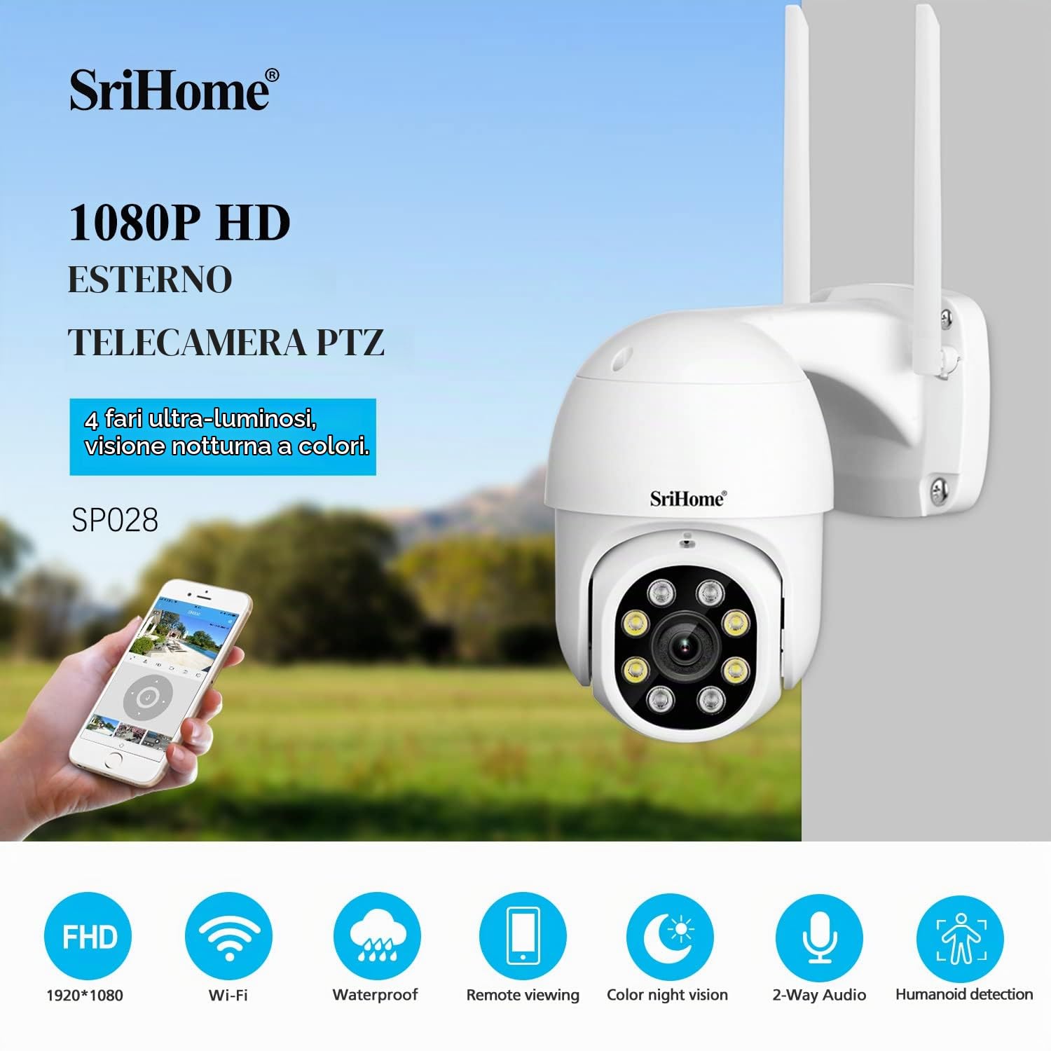 SriHome Telecamera di sorveglianza di sicurezz, Vediocamera 1080P WiFi IP PTZ Camera, Inseguimento automatico del movimento
