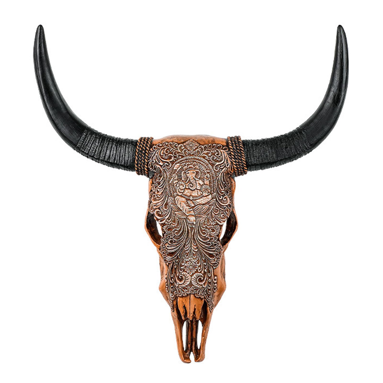 Cow Skull Wall Decor, Long Horn Cow Skull Wall Hanging Decor,Wall Hanging Faux Longhorn Skull,Faux Taxidermy Animal Head Handmade Wall Decor Home Sculpture,Faux Bull(Size:57x66cm,Color:A-retro Brown)