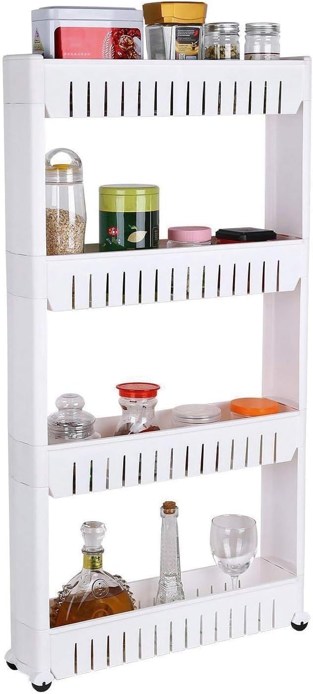 HYGRAD BUILT TO SURVIVE Slim Slide Out Kitchen Trolley, Storage Shelf, Moving Wall Cabinets Tower Holder Rack on Wheels, Rolling Storage Unit Cart for Kitchen, Bathroom, Laundry (White, 4 Tier)