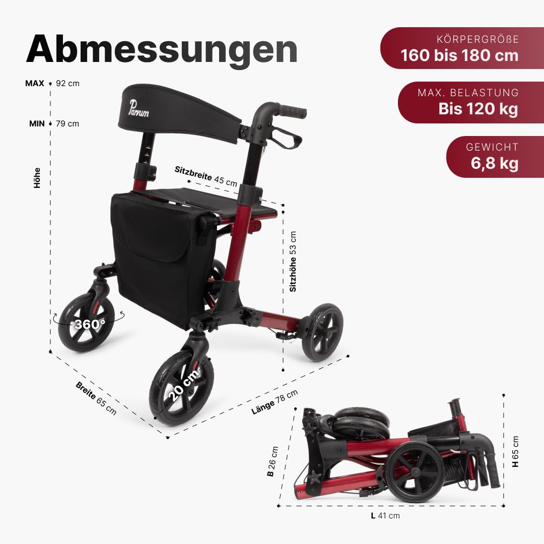 Brava Rollator – Leicht, stabil & 3-fach faltbar – Mit integriertem Bremssystem, Sitz, Rückenlehne, Tasche, Stockhalter & semi-soft Rädern – nur 6,8 kg – Gehhilfe für Senioren - Rubinrot
