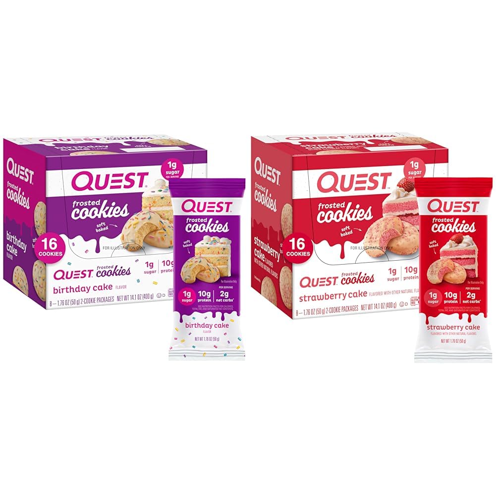 Quest Nutrition Biscoitos Proteicos com Cobertura, Birthday Cake e Strawberry Cake, 1 g de açúcar, 10 g de proteína, 2 g de carboidratos líquidos, 24 cookies