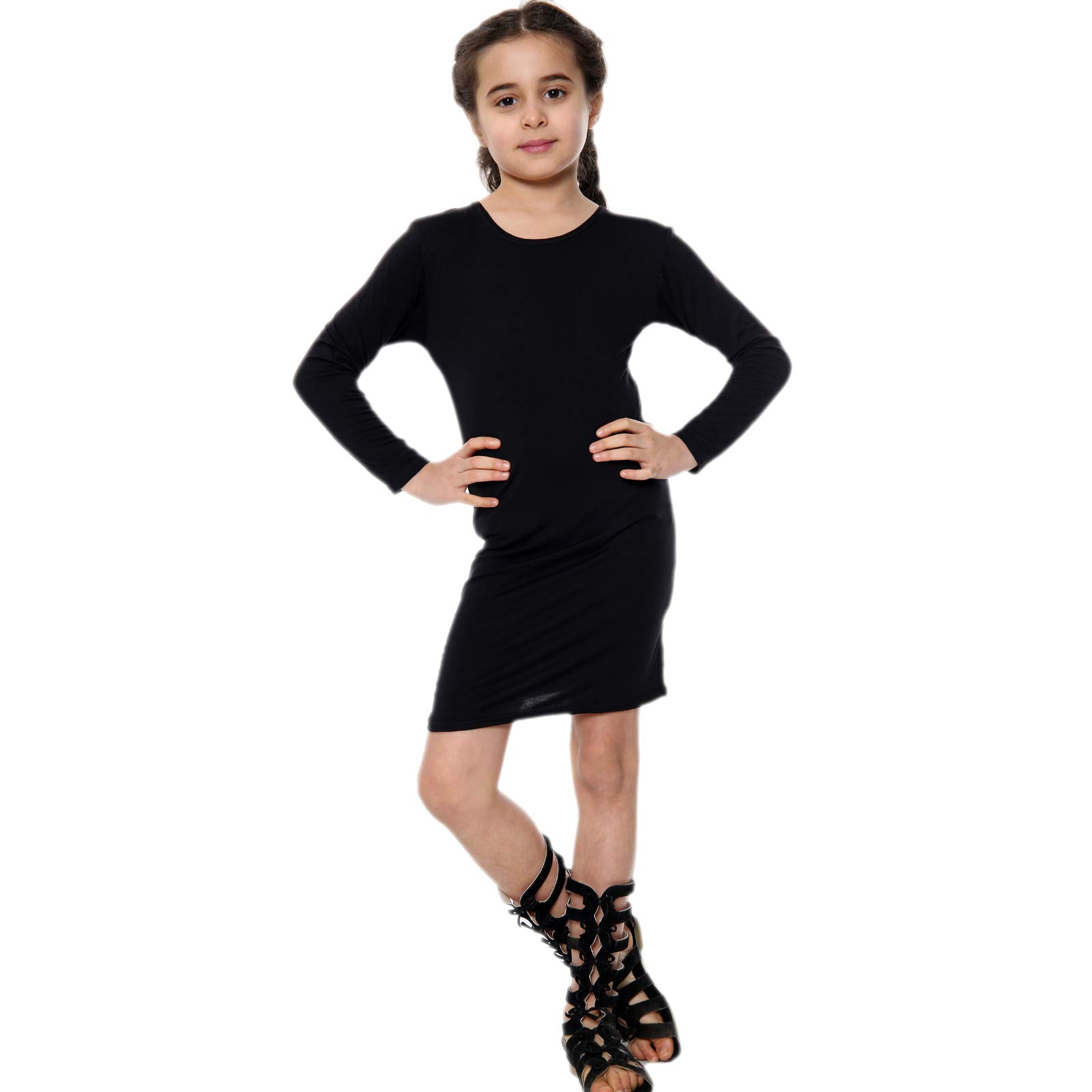 Aelstores Vestido ajustado para niñas, vestido largo liso, elástico, cuello redondo, manga completa, traje de 5-14 años