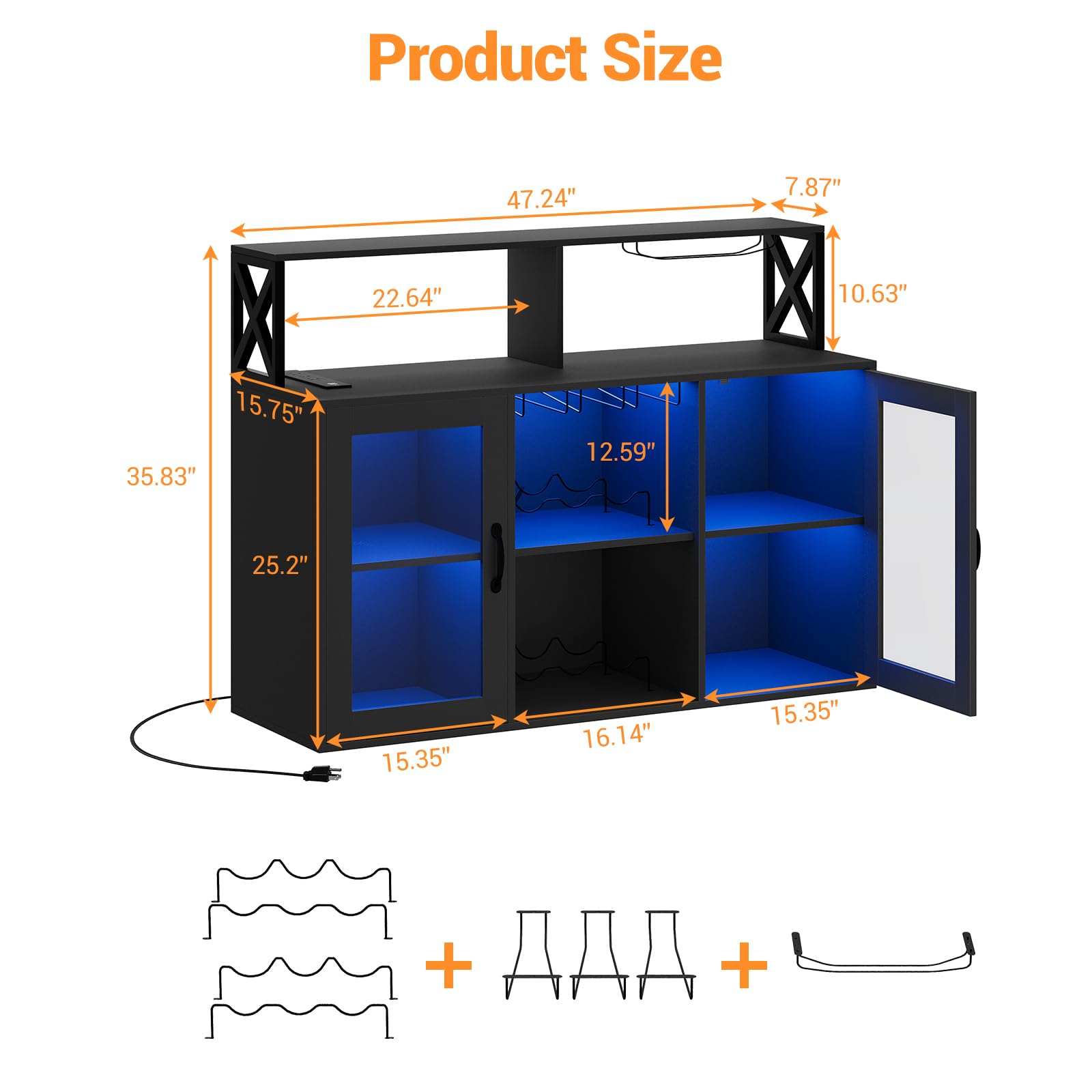 Garvee Mobile Bar Industriale 2-in-1 con Luci LED e Prese, Buffet con Portabottiglie, Portabicchieri, Ripiani Aperti, per Cucina, Sala da Pranzo, Soggiorno, Nero