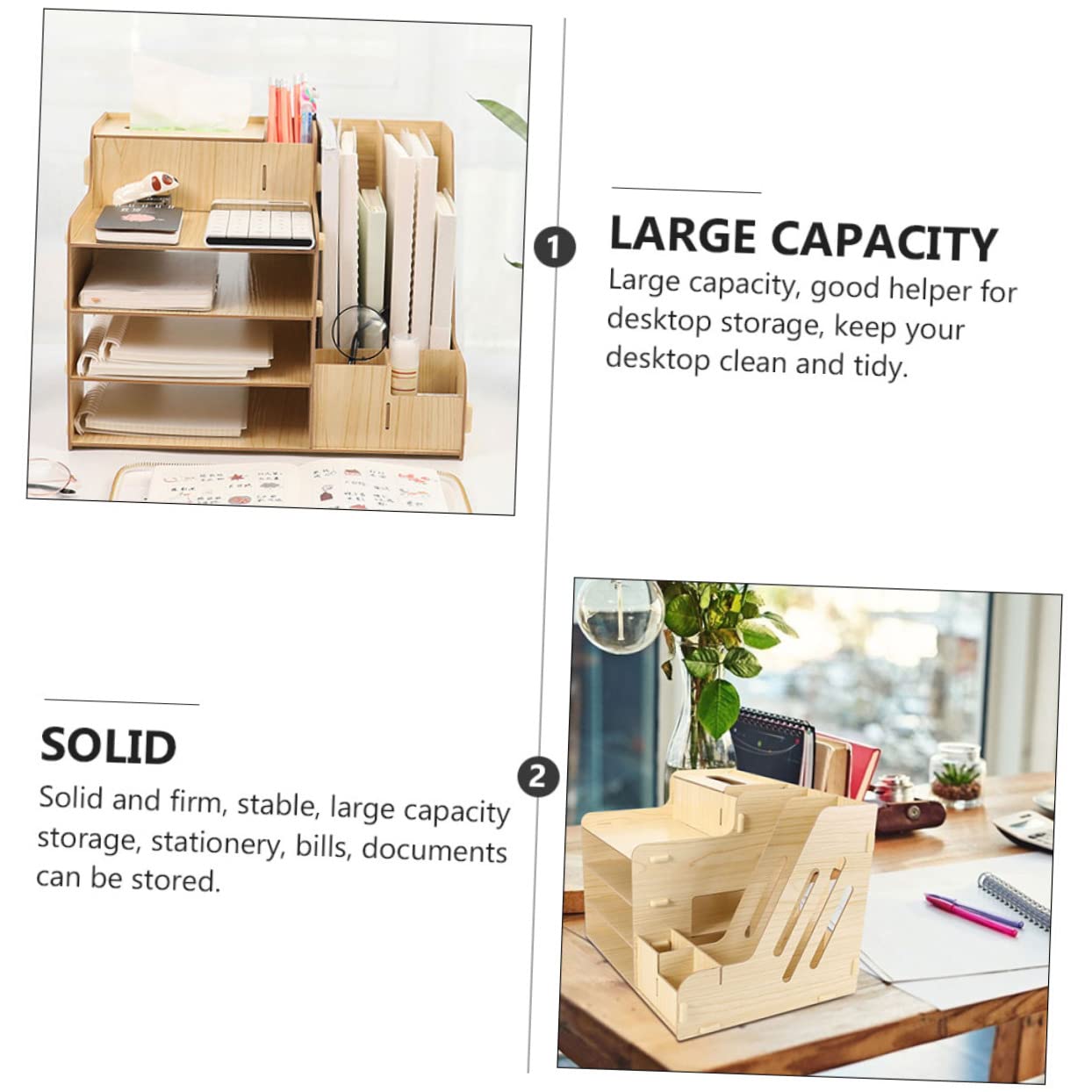 TEHAUX Organizador Escritorio Madera Multifuncional con Compartimentos Múltiples para Documentos y Artículos De Oficina Cajonera Compacta para Mesa Modelo Natural