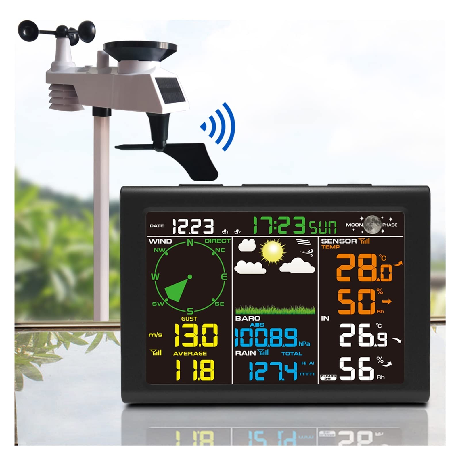 Stazione Meteo con Sensore Esterno, Stazione meteorologica wireless Internet Wireless con sensore esterno Pluviometro Previsioni meteo Indicatore vento FT0835, Anemometro, Termoigrometro