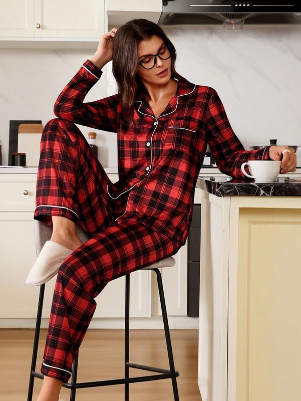 Image of Night Suit for Women with Full Sleeve Button-Down Top with Pant Dress for Woman,Night Dress for Woman, Two-Piece Loungewear Set