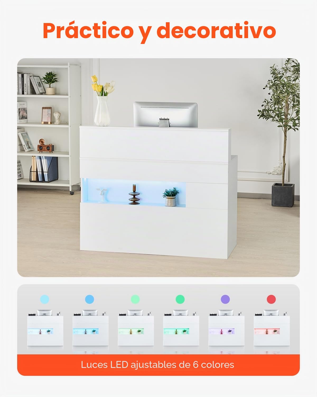 VEVOR Mostrador de Recepción 120 x 47,5 x 100 cm Mesa de Mostrador Rectangular Material de MDF con Luz LED 2 Cajones y Tomas de Corriente para Caja, Vestíbulo, Salón de Belleza, Oficina, Blanco