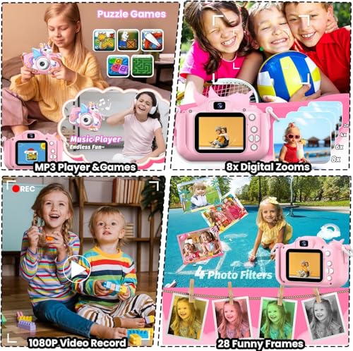 Image of BIGASUO Kids Digital Camera Compact Unicorn Design Selfie Camera Video Recorder Photo Capture Games 64GB SD Card 2.0 Inch Screen for Girls Boys 4+ 5 6 7 8 (1204) (Black, B09)