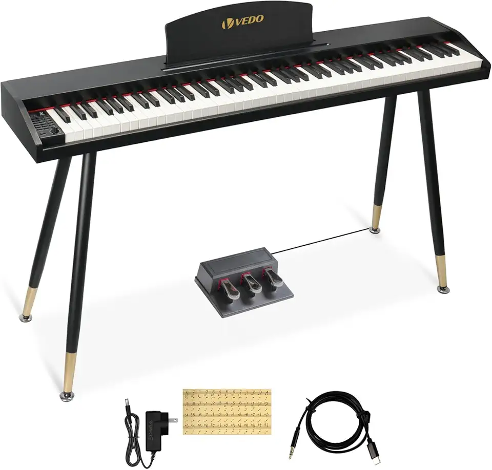 VEDO Teclado Musical, 88 Teclas Piano Digital Kit, Piano Digital para Iniciantes, 800 Tons, 600 ritmos, 80 Canções de Demonstração, Profissional Pedal Triplo, MIDI-USB, IOS, Pad, Win, Android, Preto