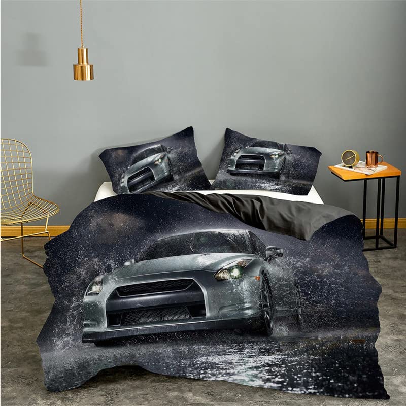 Housse de couette voiture grise 240x260 cm en microfibre pour lit deux personnes avec taies