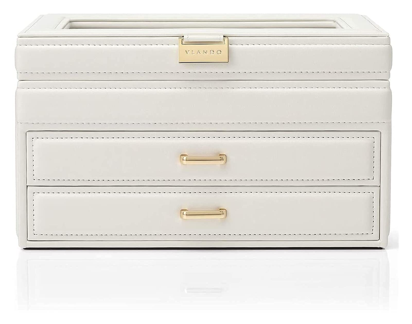 TIANQIHAO Storage Box Jewellery Box Elegant Jewellery Box Glass Lid And 2 Drawers Jewellery Case For Necklaces Jewelry Storage Box