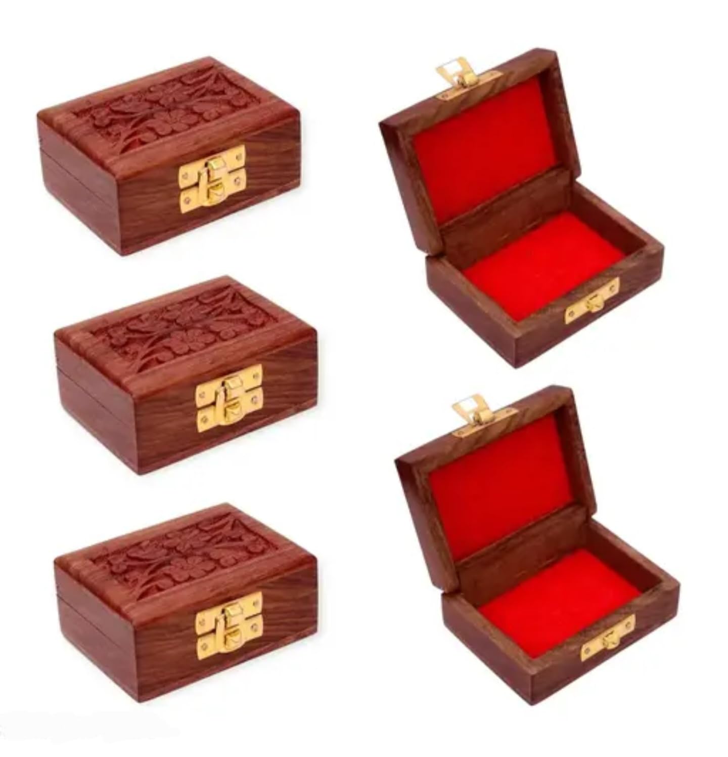 Boîte à bijoux en bois sculpté main, le cadeau idéal avec son velours rouge