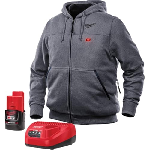 Milwaukee Heated Hoodie KIT M12 12V Lithium-Ion Front and Back Heat Zones - Battery and Charger Included - (Large, Gray)