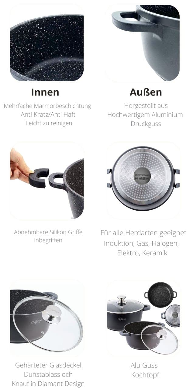 Cheffinger - Zestaw naczyń do kuchni i stołu - 6 szt. Garnki z pokrywkami, 20cm, 24cm, 28cm, marmurowa powłoka 3-warstwowa