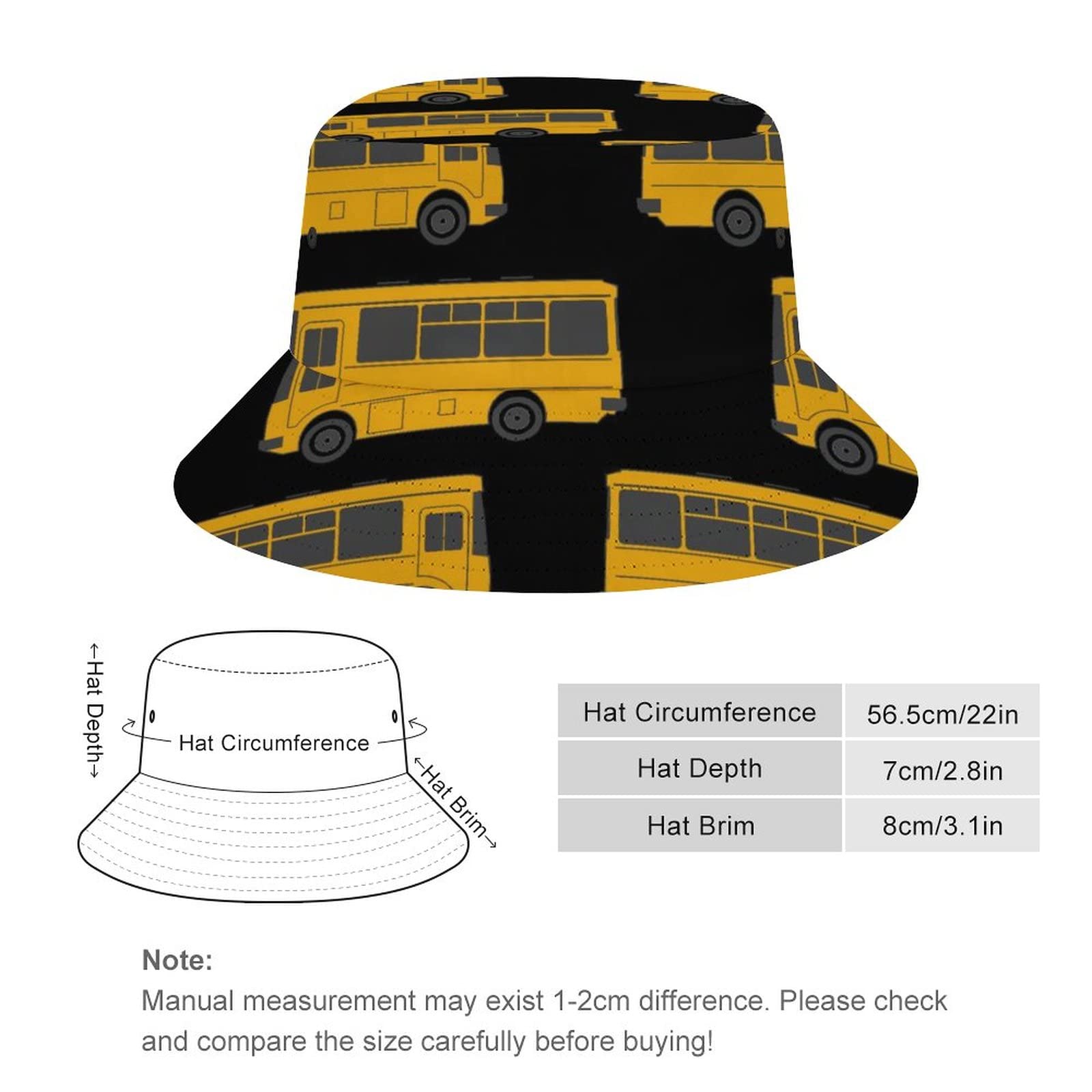 Headwear Bucket Hat for Men, Women, Teens, Girls Reversible Bucket Hats Summer Bucket Hats Cute Bucket Hats Compatible with Black Yellow School Bus