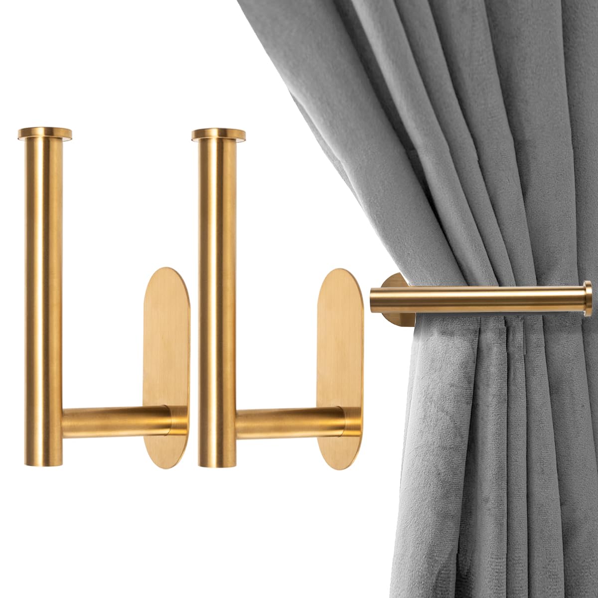 2 Pack Adhesive Curtain Holdbacks, No Drill Metal Curtain Tie Backs Holders for Drapes, Self-Adhesive Curtain Pull Backs Hooks for Windows and Doors -