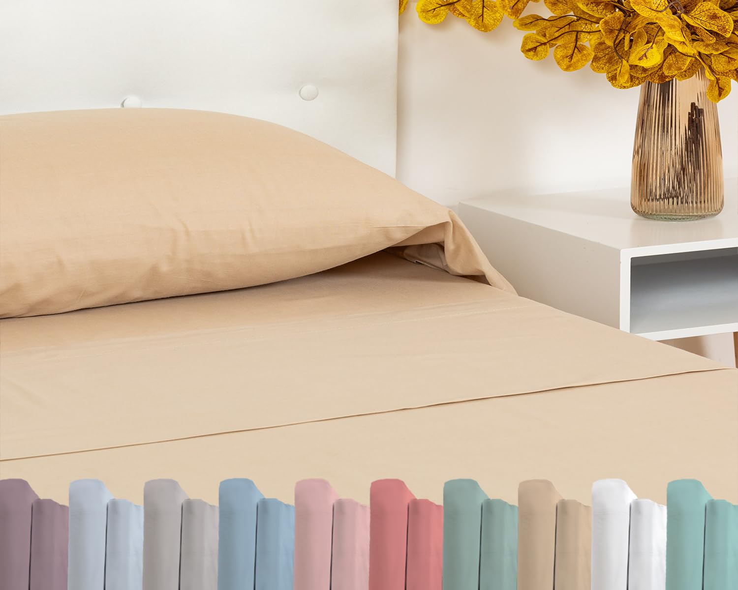 TRAMAS+ Sabanas 150x190 / 200cm 100% algodón, Suave y Traspirable, Juego de sábanas 4 Piezas, Sabana Bajera Ajustable, Encimera, 2 Fundas de Almohada 90x45cm, Certificado Oeko Tex- (Cama 150, Arena)