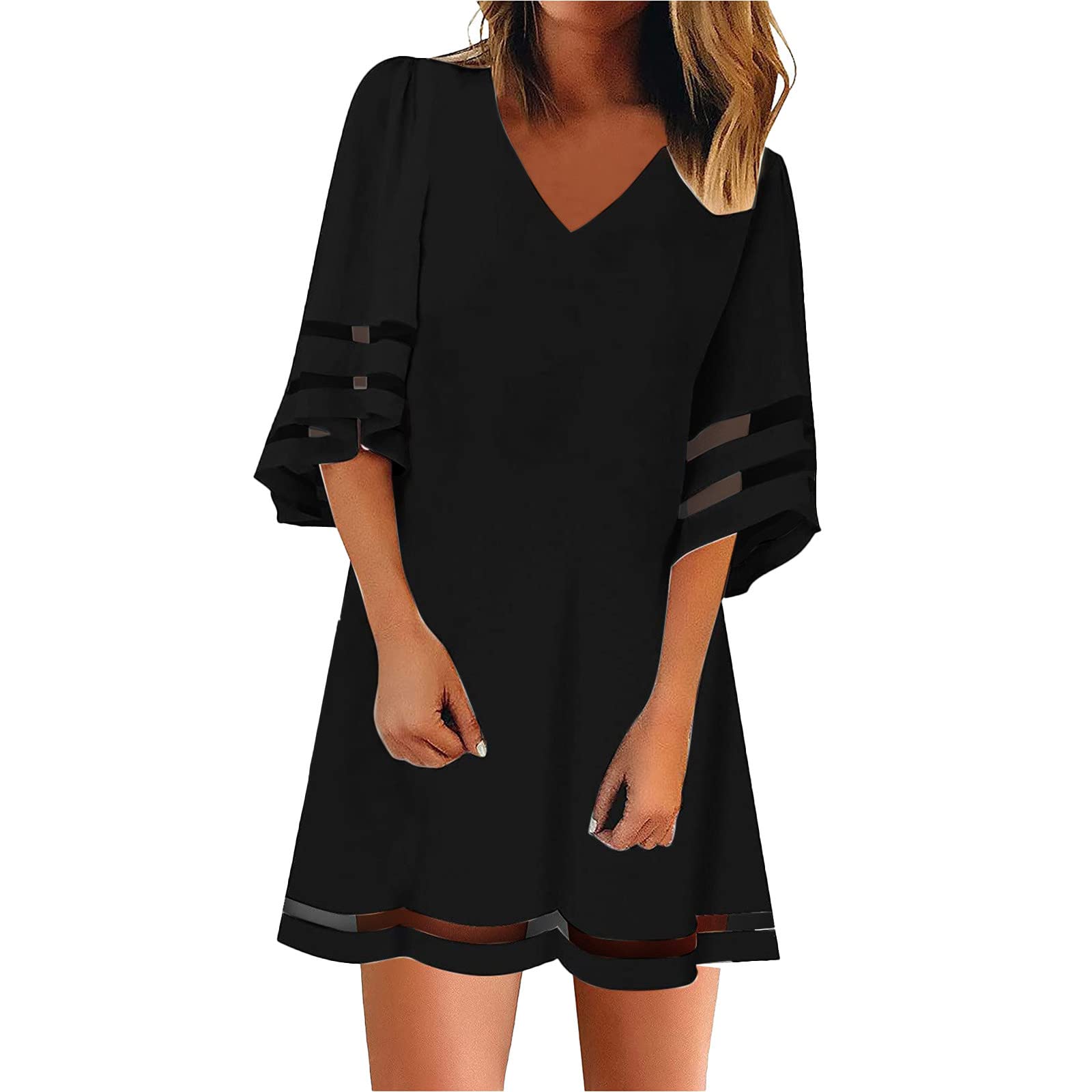 Ghemdilmn Vestido de verano para mujer, informal, de manga corta, cuello redondo, vestido hasta la rodilla, elegante, vestido de verano, vestido de playa, monocolor / flores