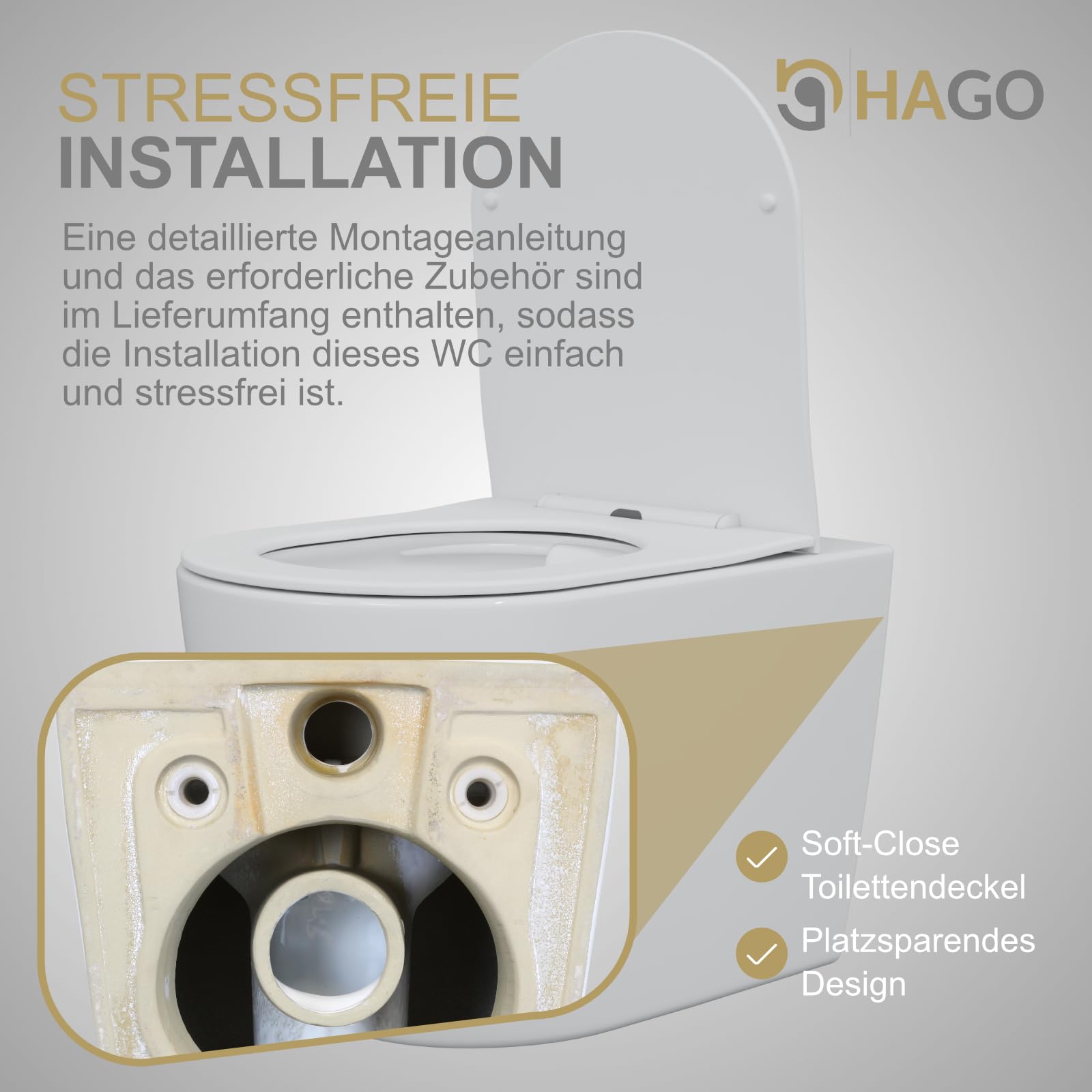 WC sospeso senza bordi di risciacquo Nano Lotus effetto soft-close, montaggio a parete