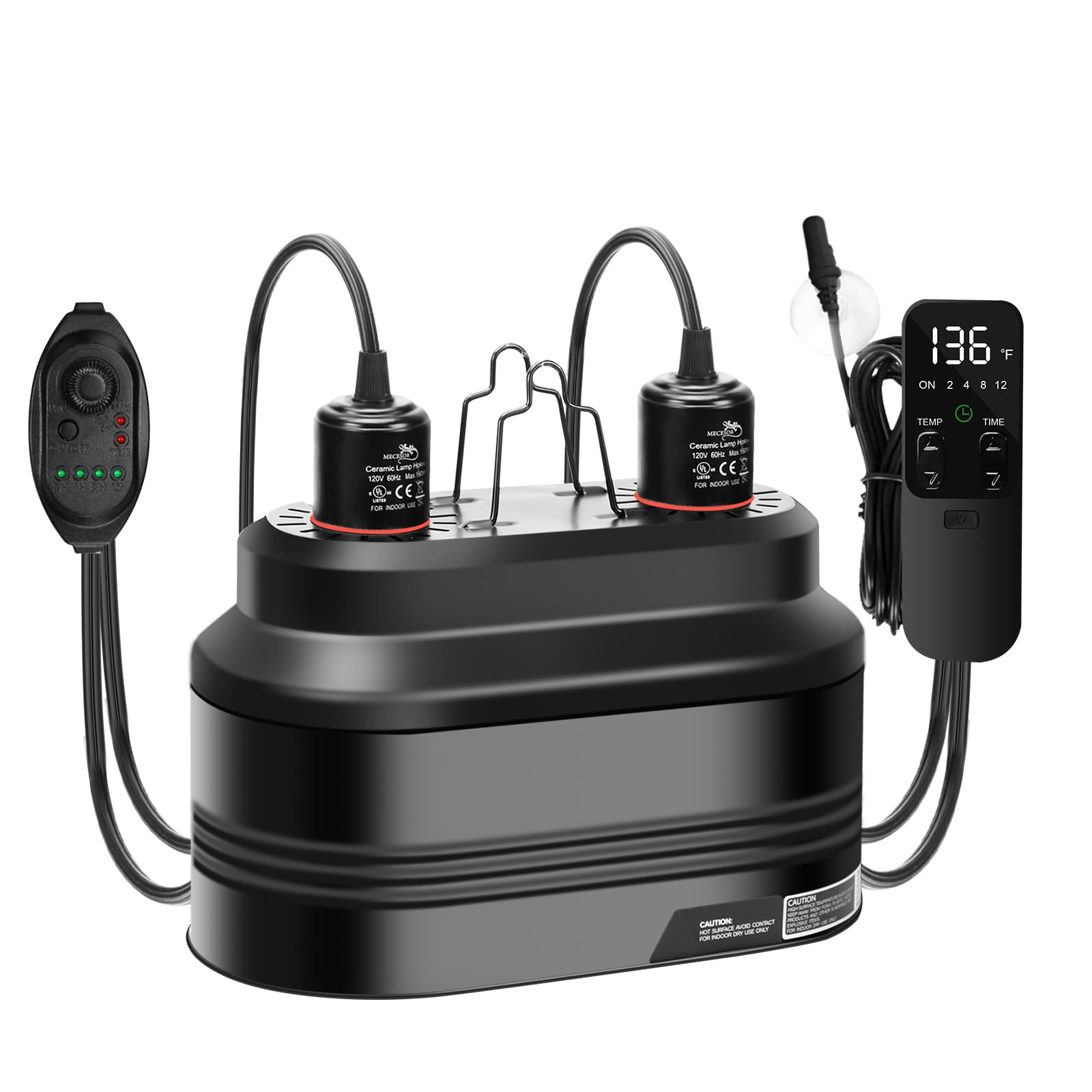 Dual Reptile Light Fixture,Double Reptile Heat Lamp Fixture with Independent Thermostat Control & Timer Dimming Function Reflector Dome Lamp Fixture for Lizard,Bearded Dragon - Max 160W