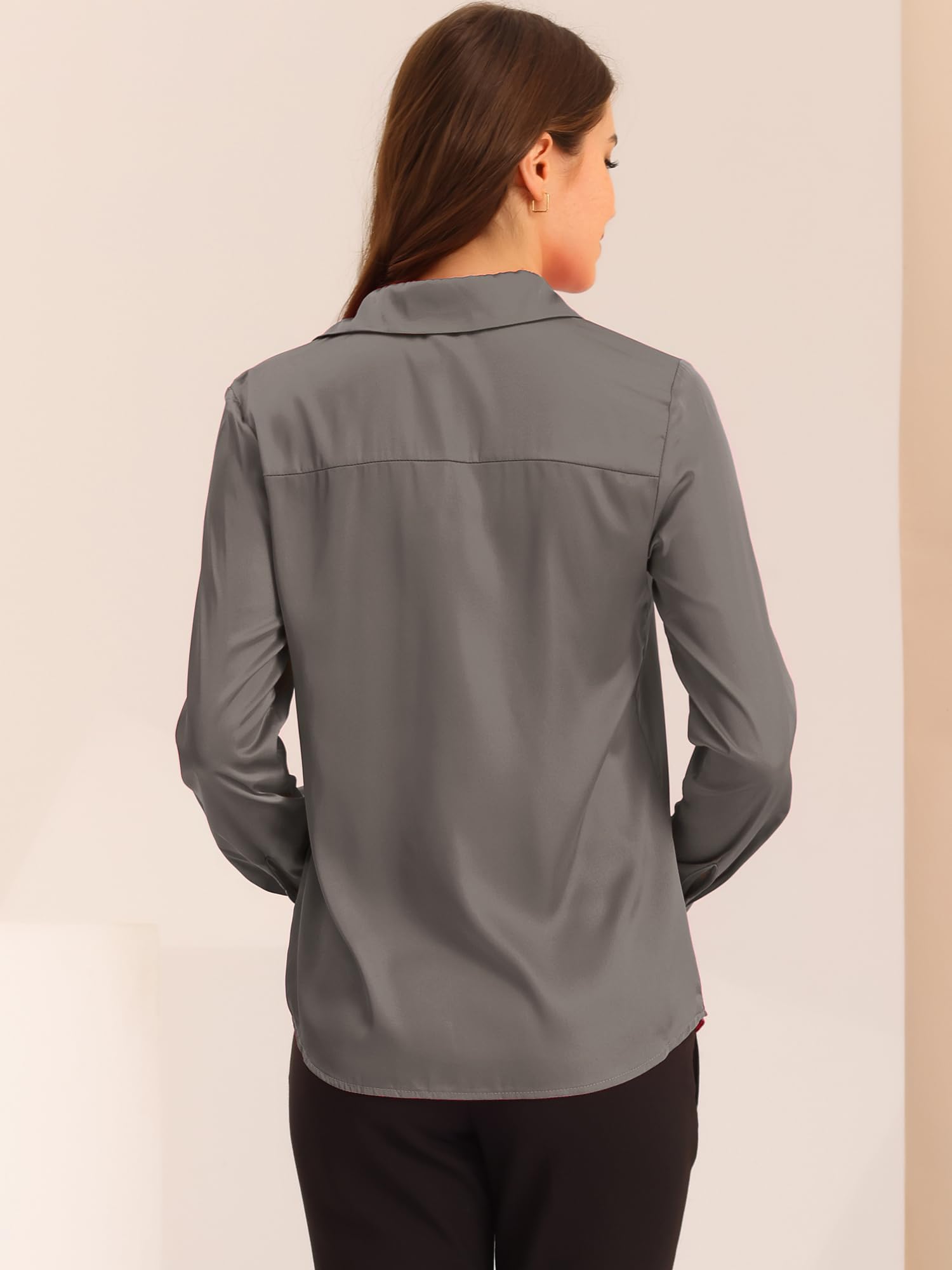 Allegra K Chemisier en satin élégant à manches longues et col en V pour femme, gris, Taille L