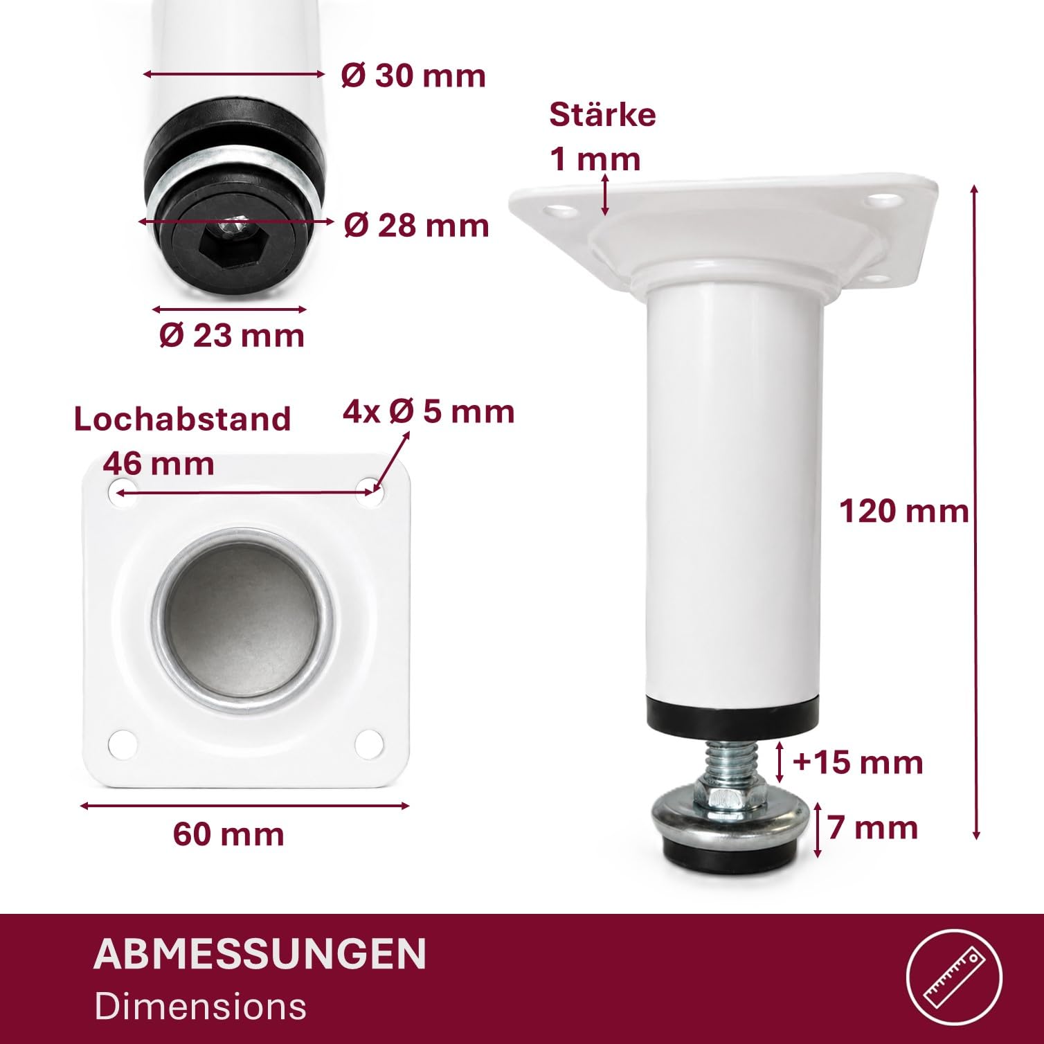 Nóżki meblowe ze stali nierdzewnej, białe, matowe, 80-200 mm, z regulacją wysokości, okrągłe nogi meblowe – regulowane nóżki do szafy, komody, szafki pod telewizor – do 35 kg na nóżkę, do wyboru