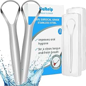 Pacote com 2 Raspadores de língua, 100% útil de aço inoxidável cirúrgico limpador de língua para adultos e crianças, raspadores de língua de metal para redução profissional de mau