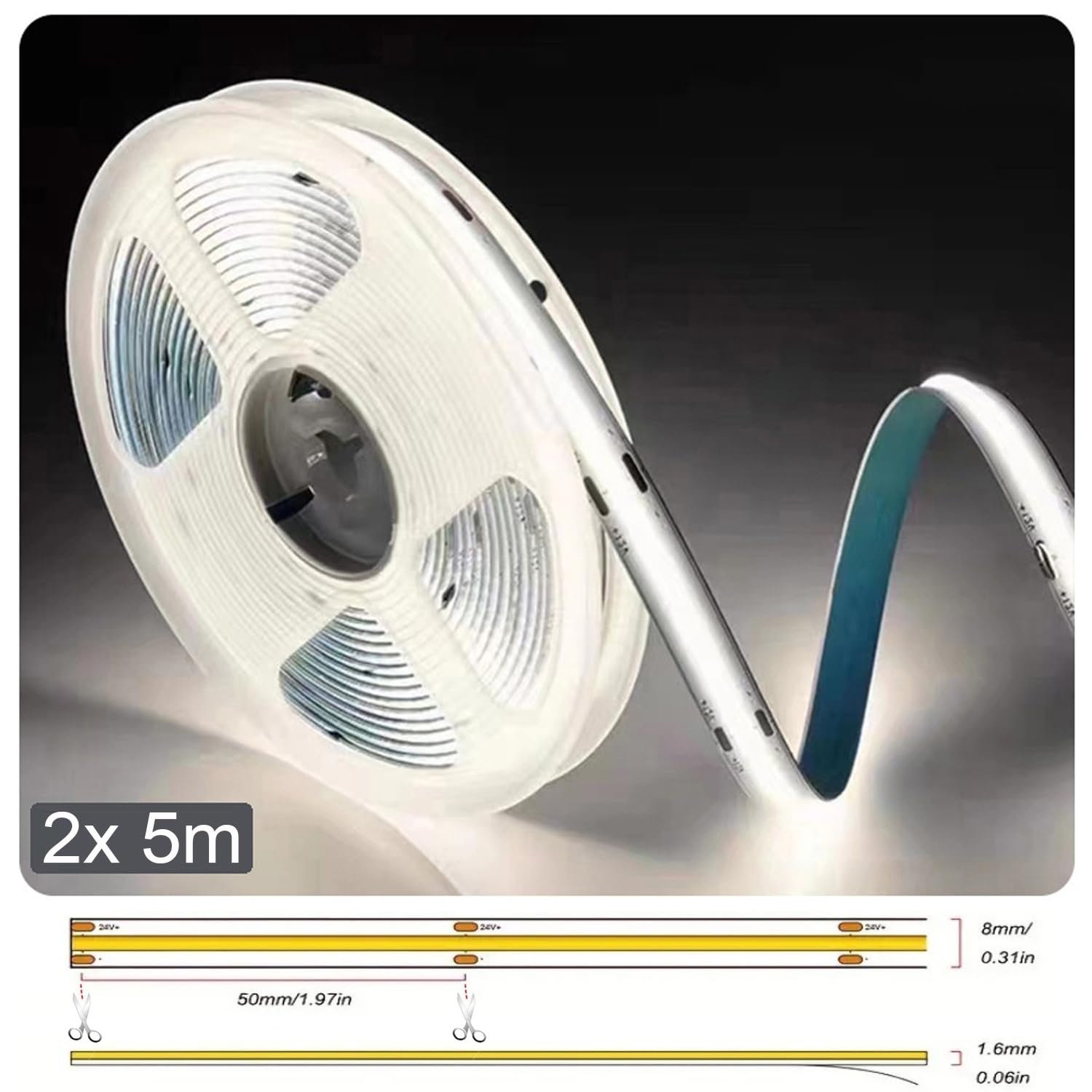 Striscia LED COB 10 metro (2x 5m) Bianco Freddo 6000K, controllata tramite WIFI, dimmerabile con alimentatore 12V & telecomando IR, autoadesiva, compatibile con APP Tuya