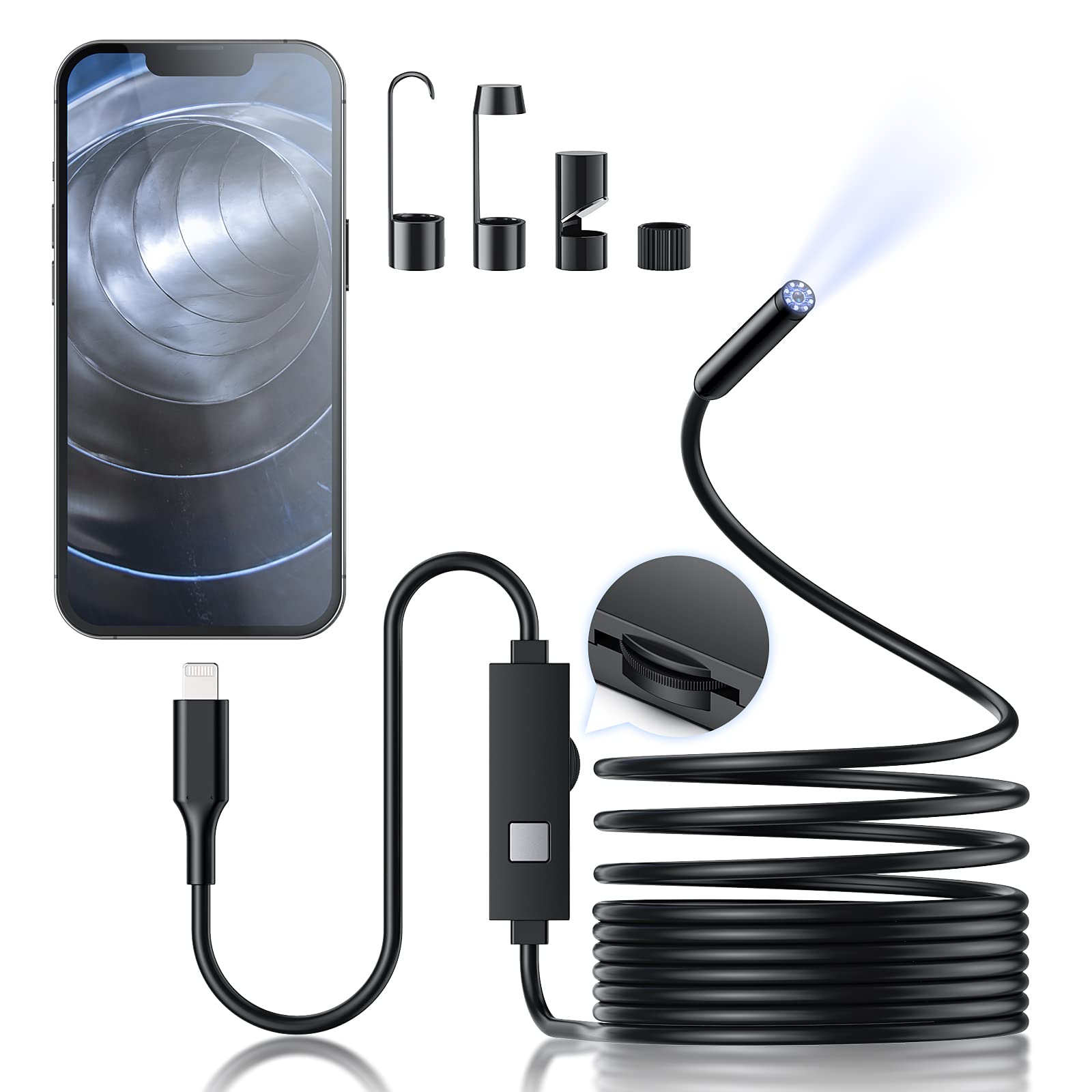 Endoscope Camera with Light - Borescope Inspection Snake Camera, 1920P HD Bore Scope with 8 Lights, IP67 Waterproof 16.4FT Semi-Rigid Cord for Pipe Inspection, 7.9mm Industrial Endoscope for iPhone