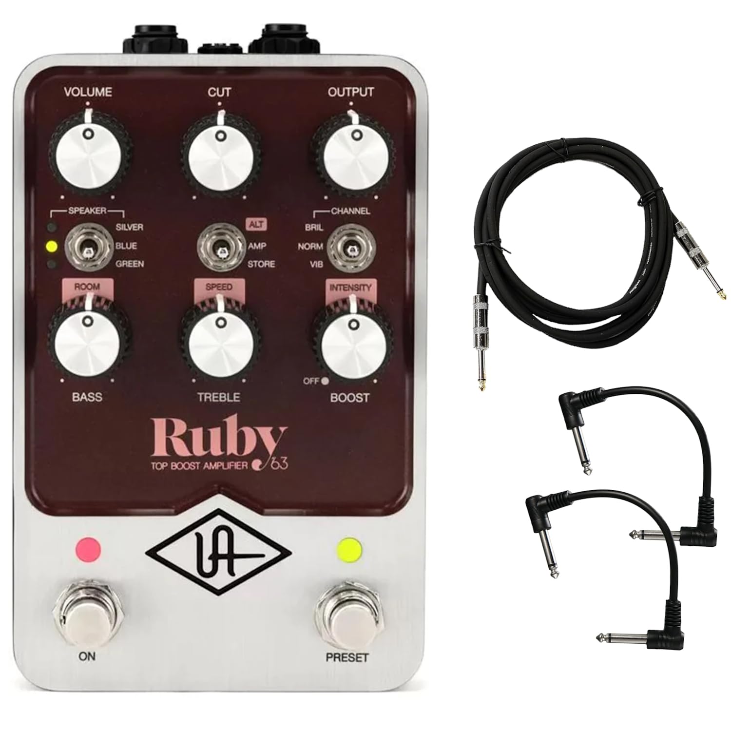 Universal Audio UAFX Ruby '63 Top Boost Amplifier Pedal - Bundle with Instrument Cable and 2 Patch Cables
