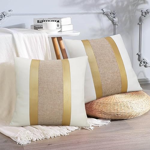 Juego de 2 fundas de almohada de piel sintética y algodón de 18 x 18 pulgadas, fundas de almohada decorativas blancas y camello con retazos de rayas