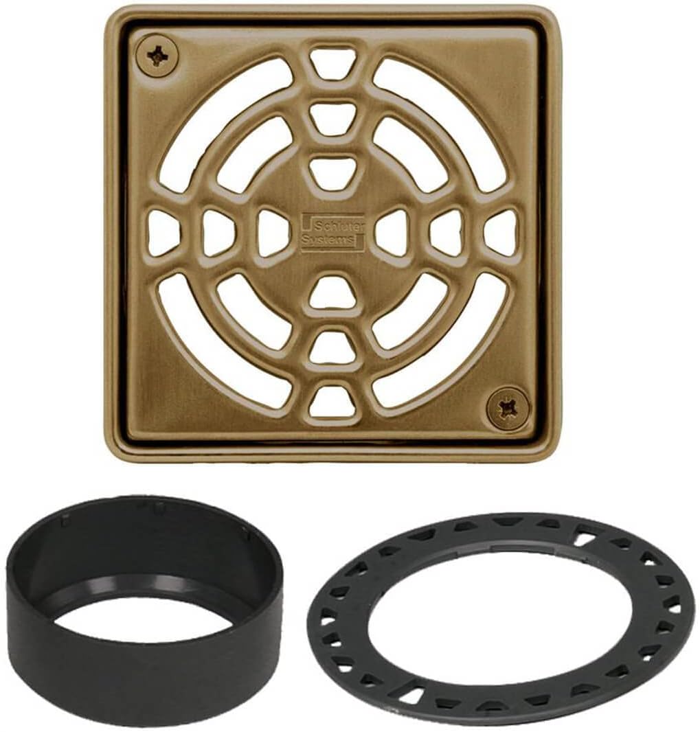 Schluter Systems Kerdi 4 Inch Square Stainless Steel Grate Assembly in Vintage Gold Finish