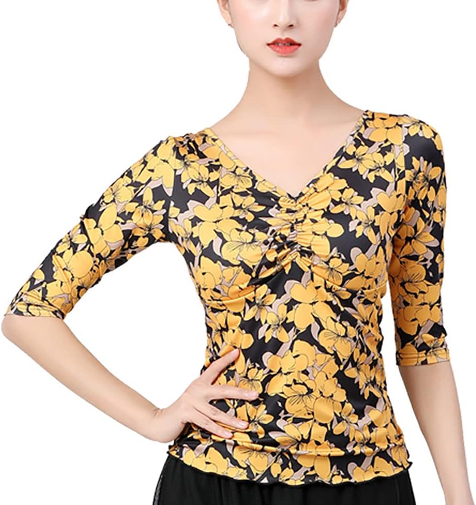 Whitewed Women's Sleeve Print Ruched Drawstring V Neck Dance Yoga Fitness Tops