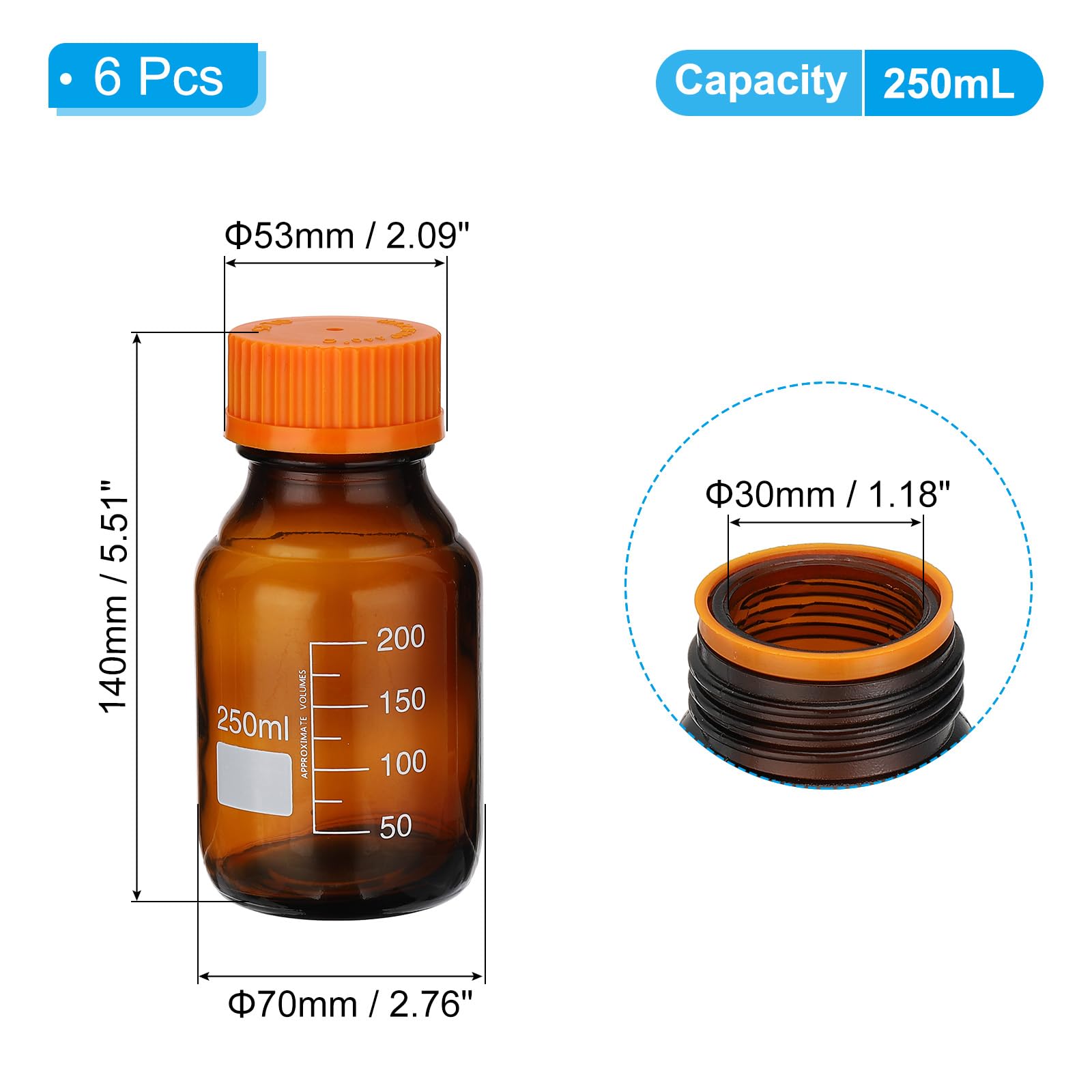PATIKIL Confezione da 6 bottiglie rotonde per reagenti, in vetro borosilicato, 250 ml, con tappo a vite GL32 arancione, per liquidi reagenti d'acqua di laboratorio, ambra