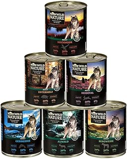 Dehner Wild Nature Hundefutter Probier-Set, Nassfutter getreidefrei / zuckerfrei, für ausgewachsene Hunde, Ente / Pferd / Wild / Kaninchen, 6 x 800 g Dose (4.8 kg) product image