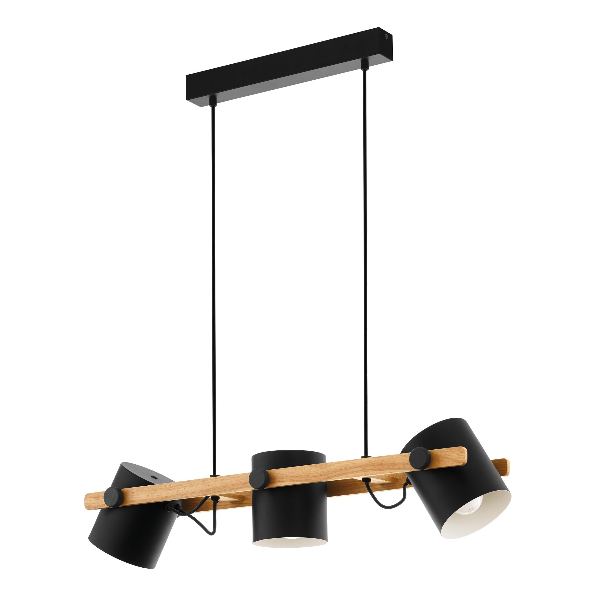 Eglo Pendant Lighting Hornwood, 3 Light Vintage Hanging lamp in Industrial Design, Retro Ceiling Light Made of Black Metal and Natural Wood, FSC Certified, E27