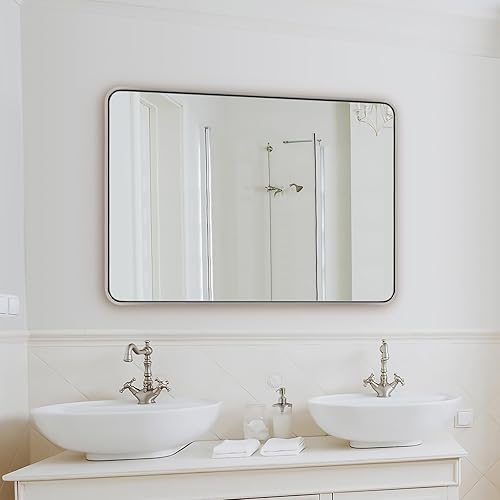 Miniatura 2 de ANDY STAR Espejo de baño cromado de 40 x 30 pulgadas, espejo de tocador de baño cromado pulido, espejos rectangulares redondeados para pared, marco