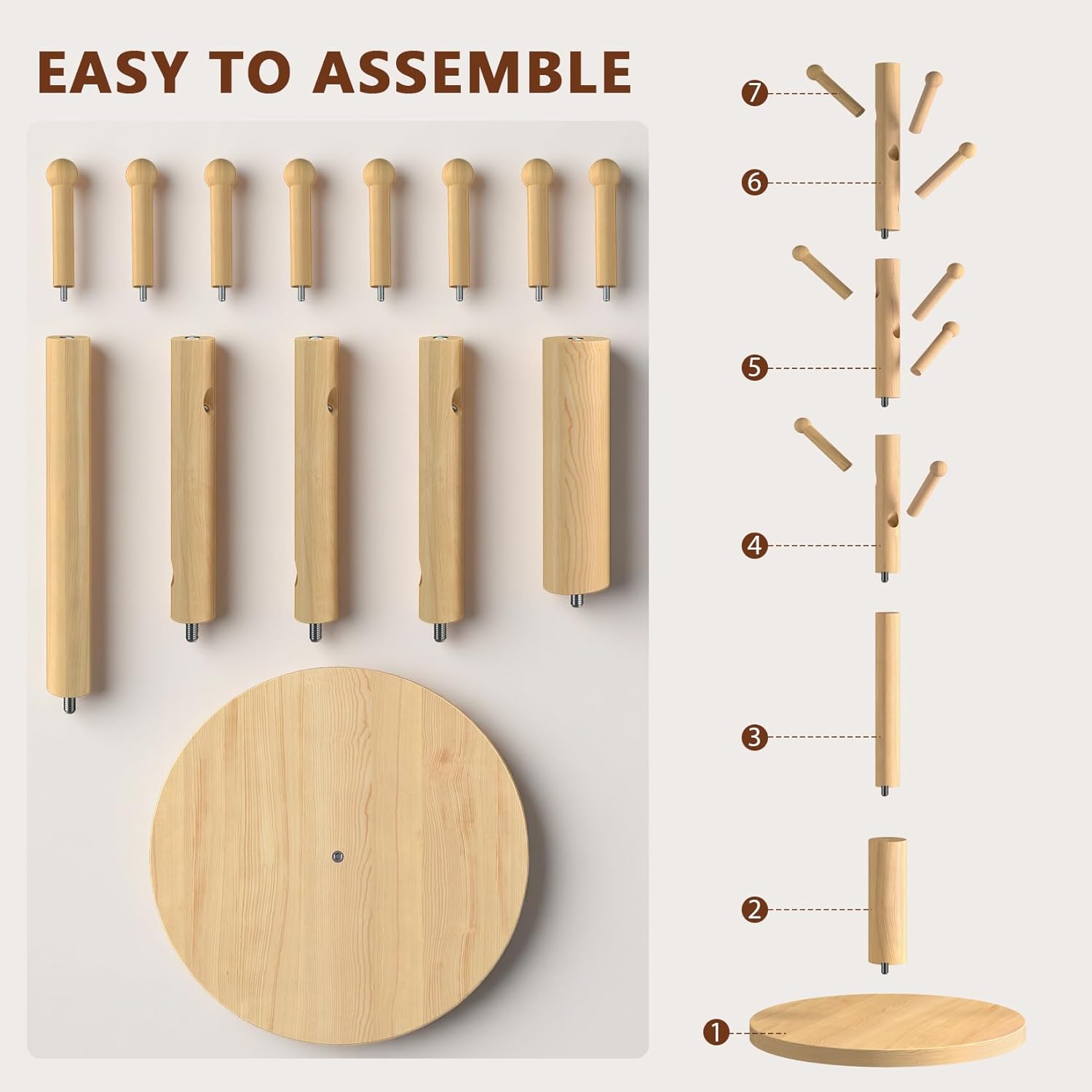 Coat Rack Freestanding Wooden Coat Tree Stand with 8 Round-tip Hooks, 3 Adjustable heights Coat Hat Rack for Entryway,Bedroom,Hallway,Office (Natural)