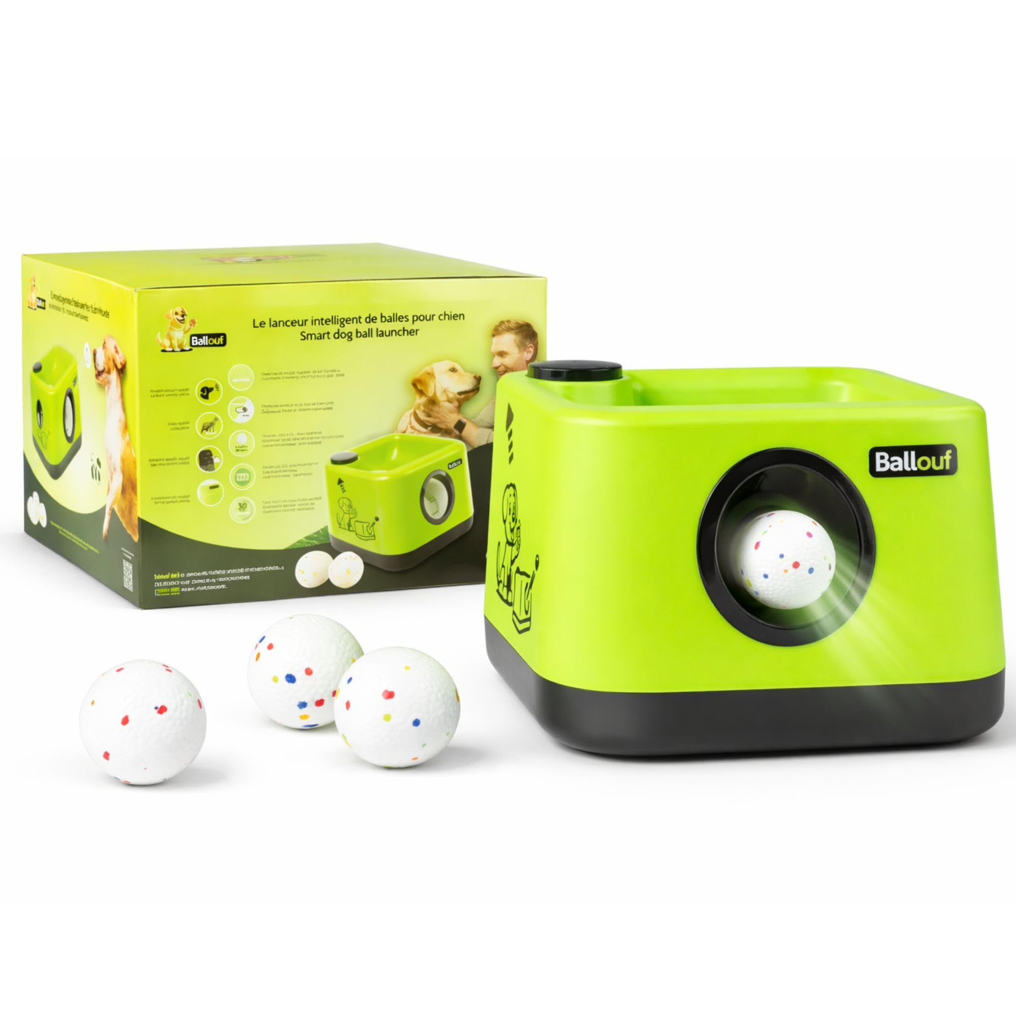 Climsom Ballouf Lanceur de Balles Automatique Intelligent pour Chien | Mode Automatique & Éducatif/Manuel, Son d'Aboiement Réaliste, Distances Réglables, Batterie Rechargeable